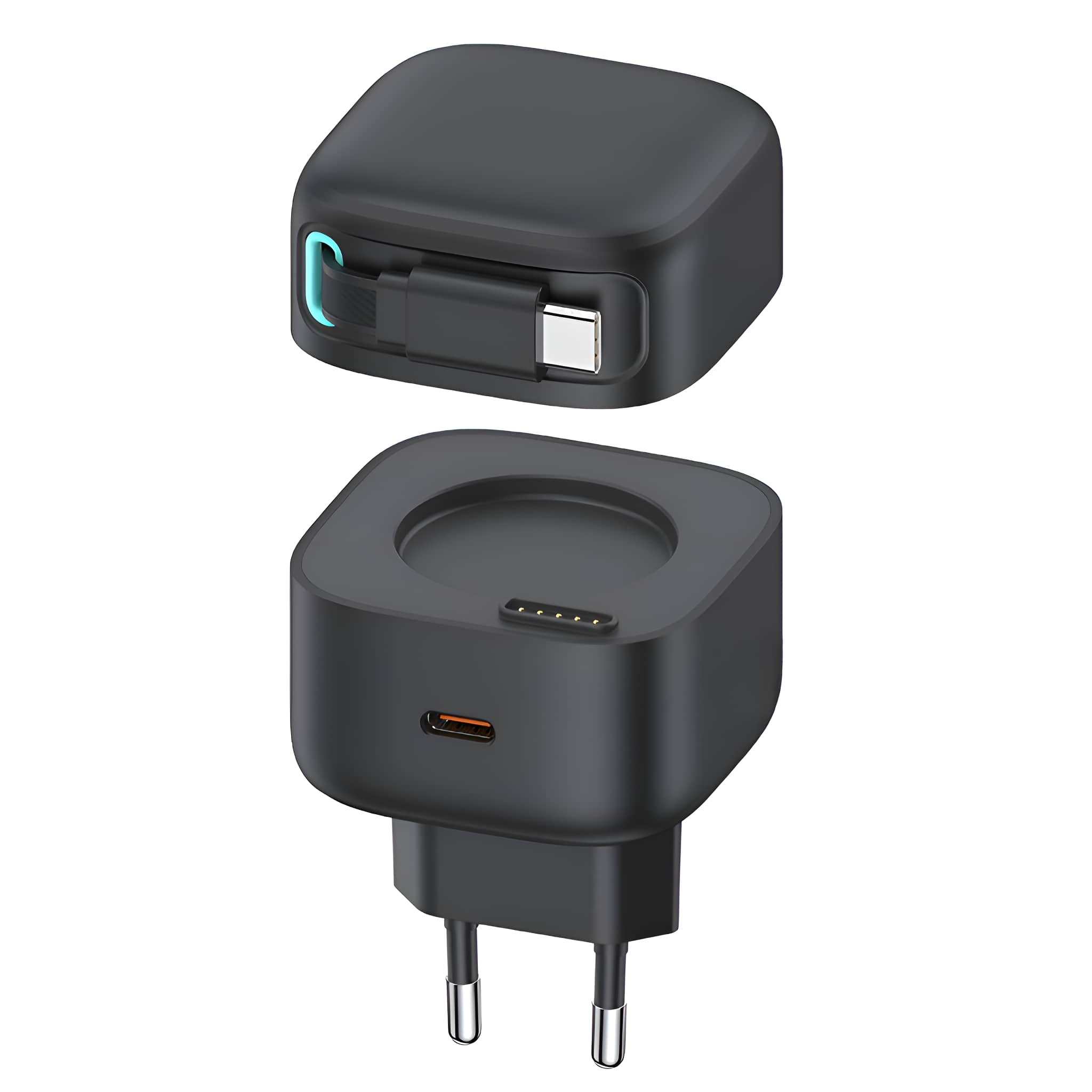 Schwarzer Ladeadapter. Ein weißes USB-C-Kabel ist angebracht. Ein USB-C-Anschluss befindet sich an der Seite.