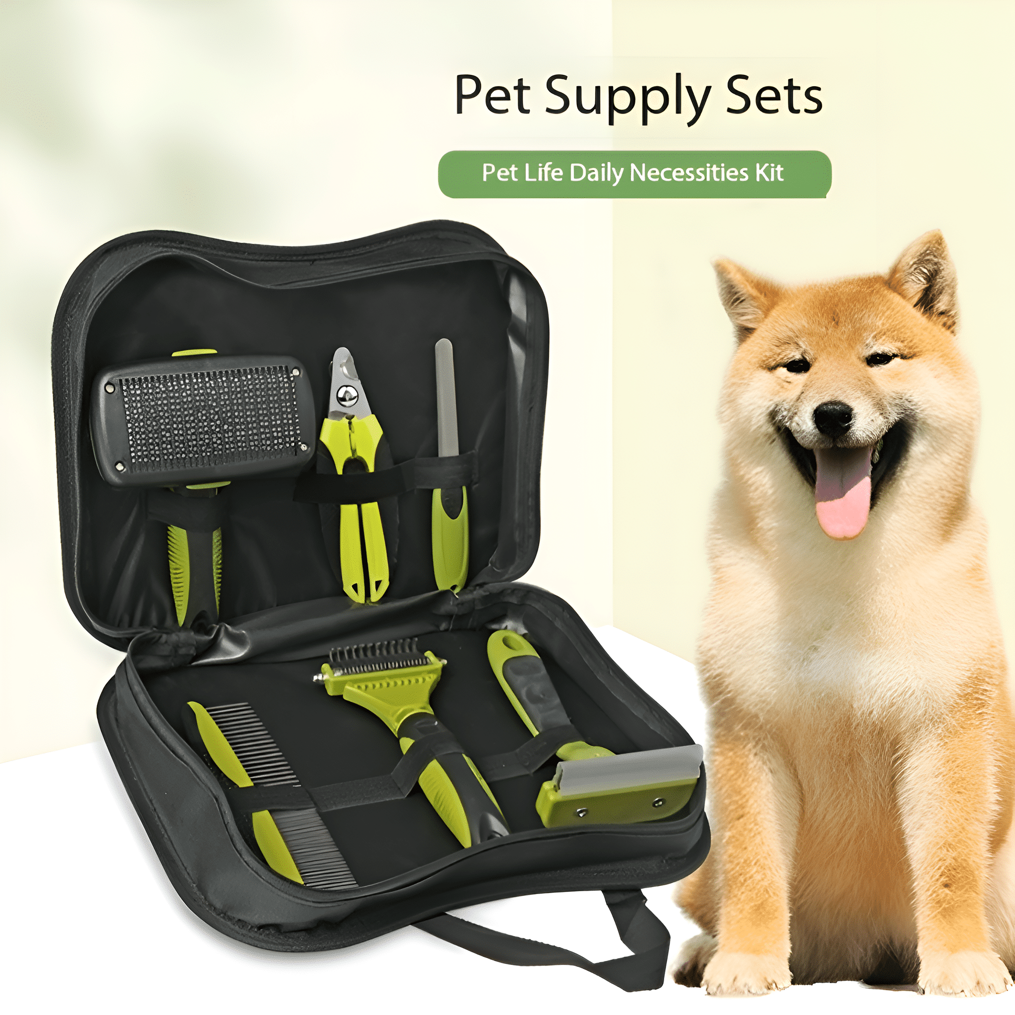 Ein Haustierpflege-Set in einem offenen schwarzen Etui mit grünen Werkzeugen neben einem lächelnden Shiba Inu.