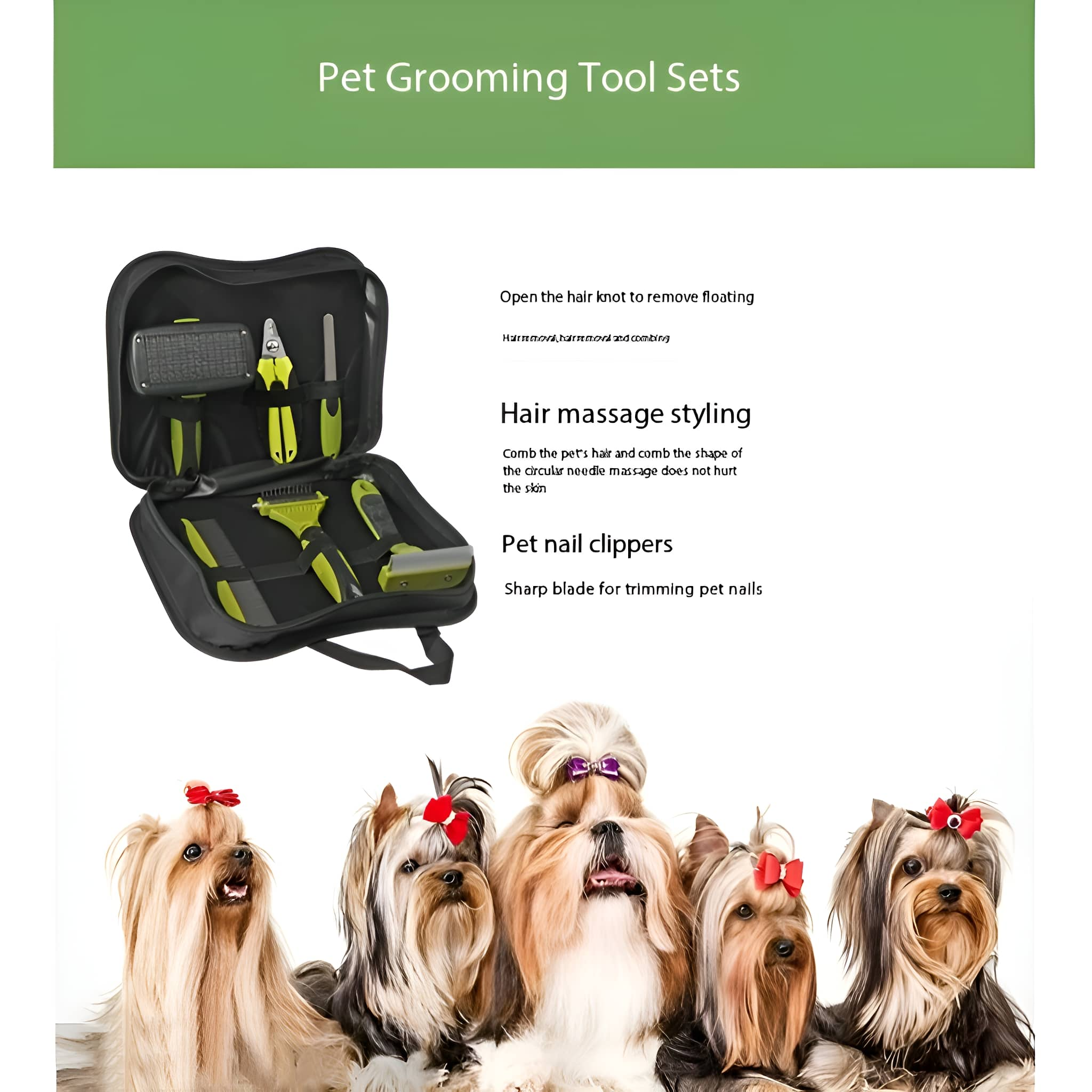 Haustier-Pflegeset im schwarzen Etui mit Bürsten und fünf kleinen Hunden mit Schleifen.