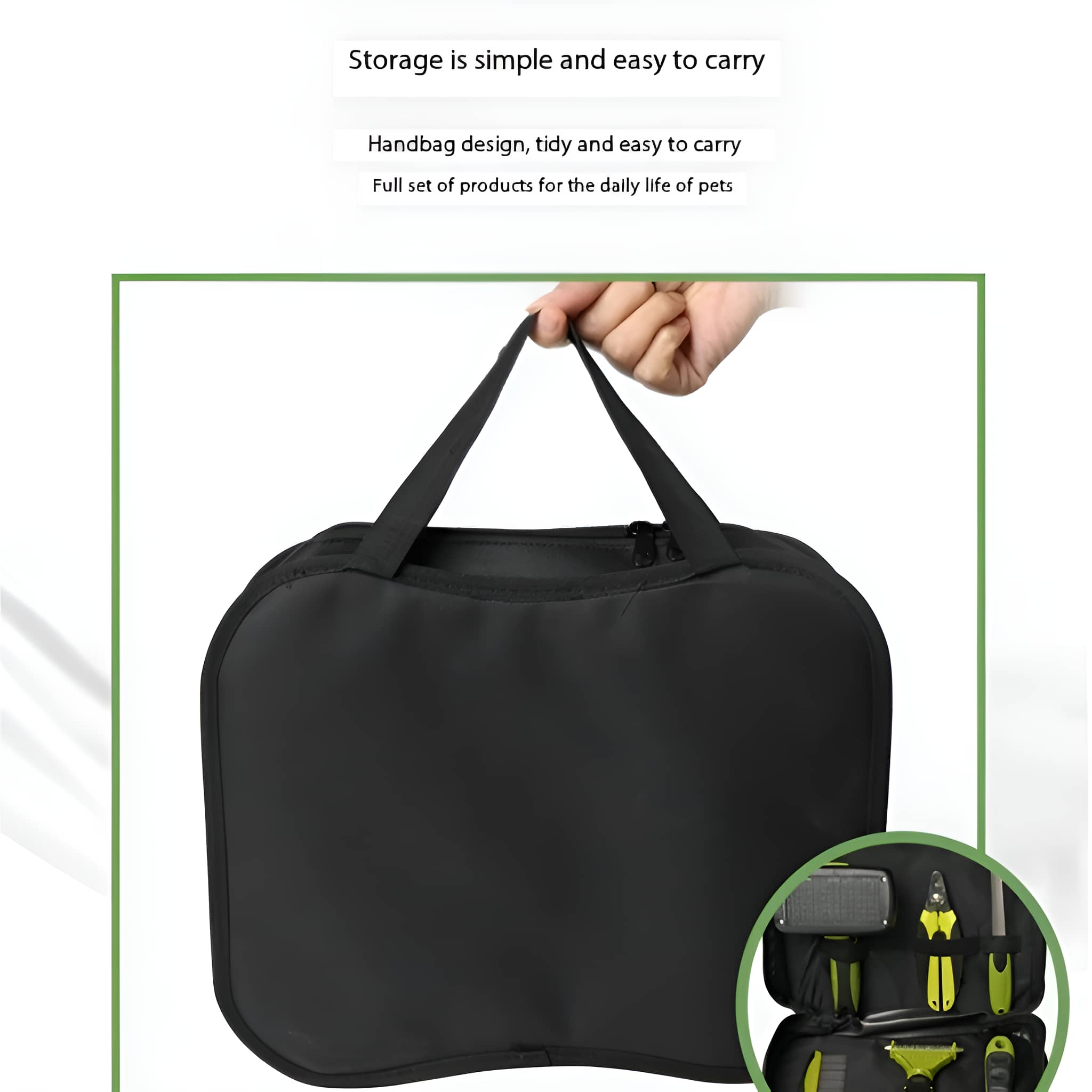 Eine Hand hält eine schwarze Handtasche mit Zubehör für Haustiere, die unten in einem runden Ausschnitt zu sehen sind.