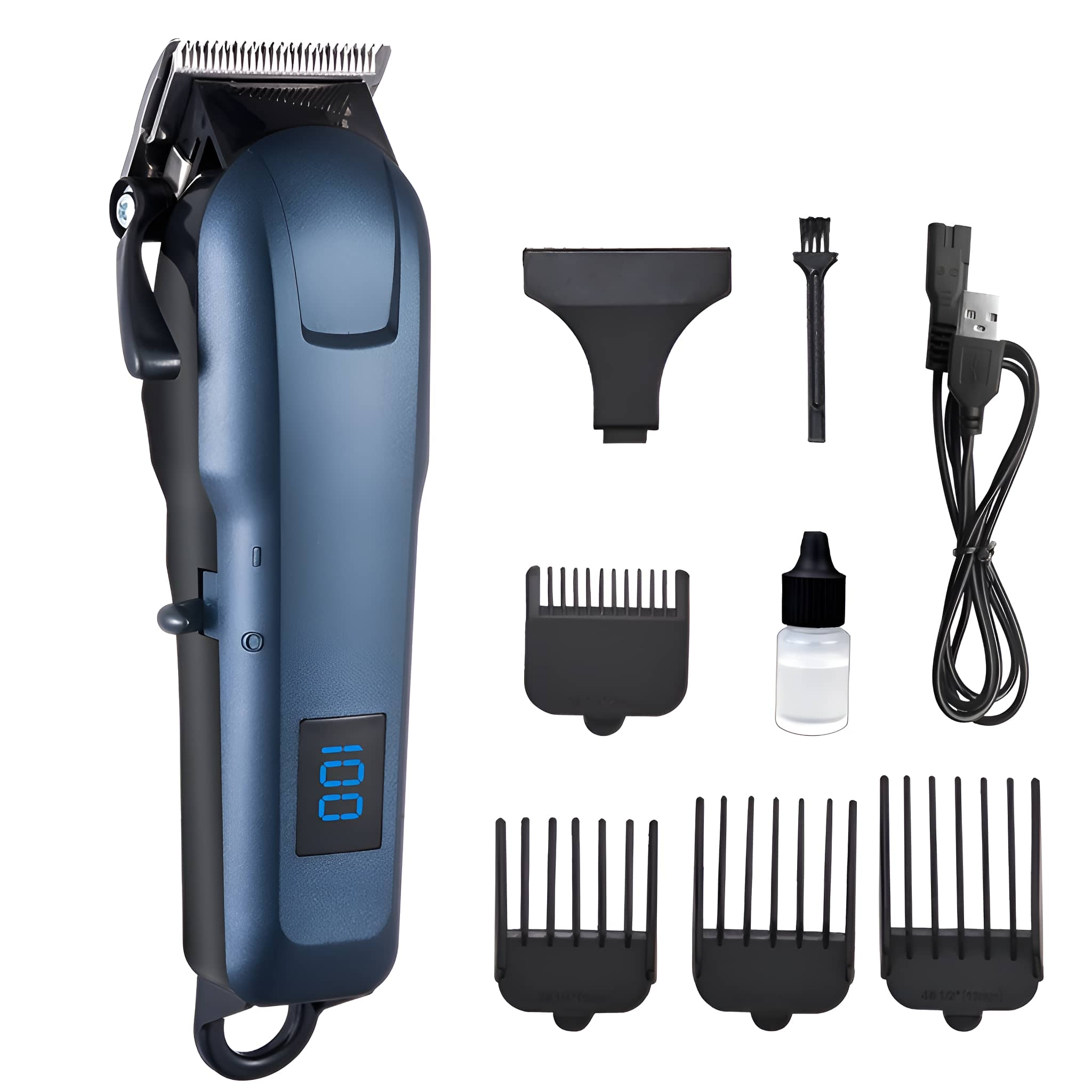 Blau-schwarzer Haarschneider mit Zubehör: Aufsätze, Reinigungsbürste, Ladegerät, Ölflasche.