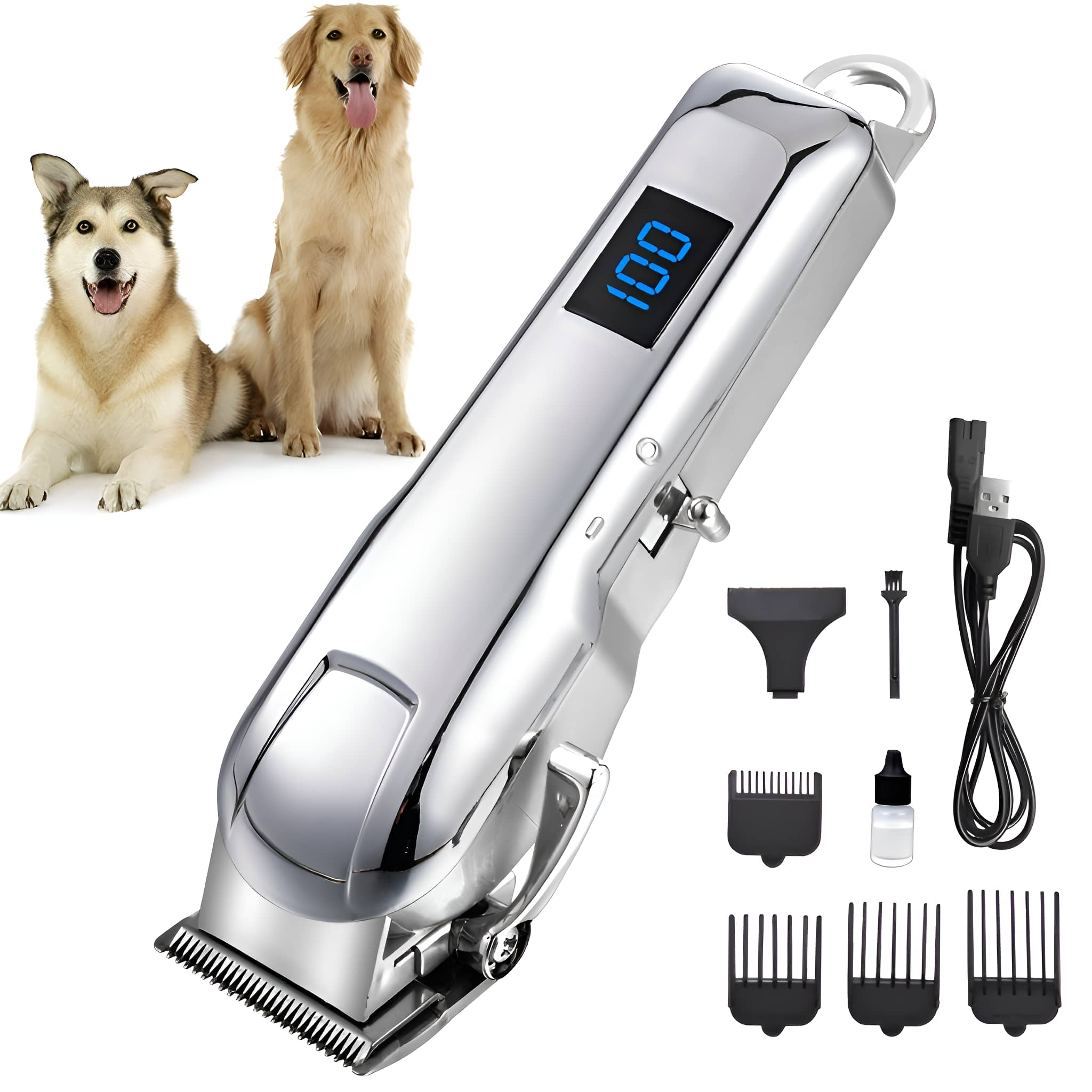 Ein Hundefriseur-Set mit Schermaschine, Zubehör und zwei Hunden im Hintergrund.