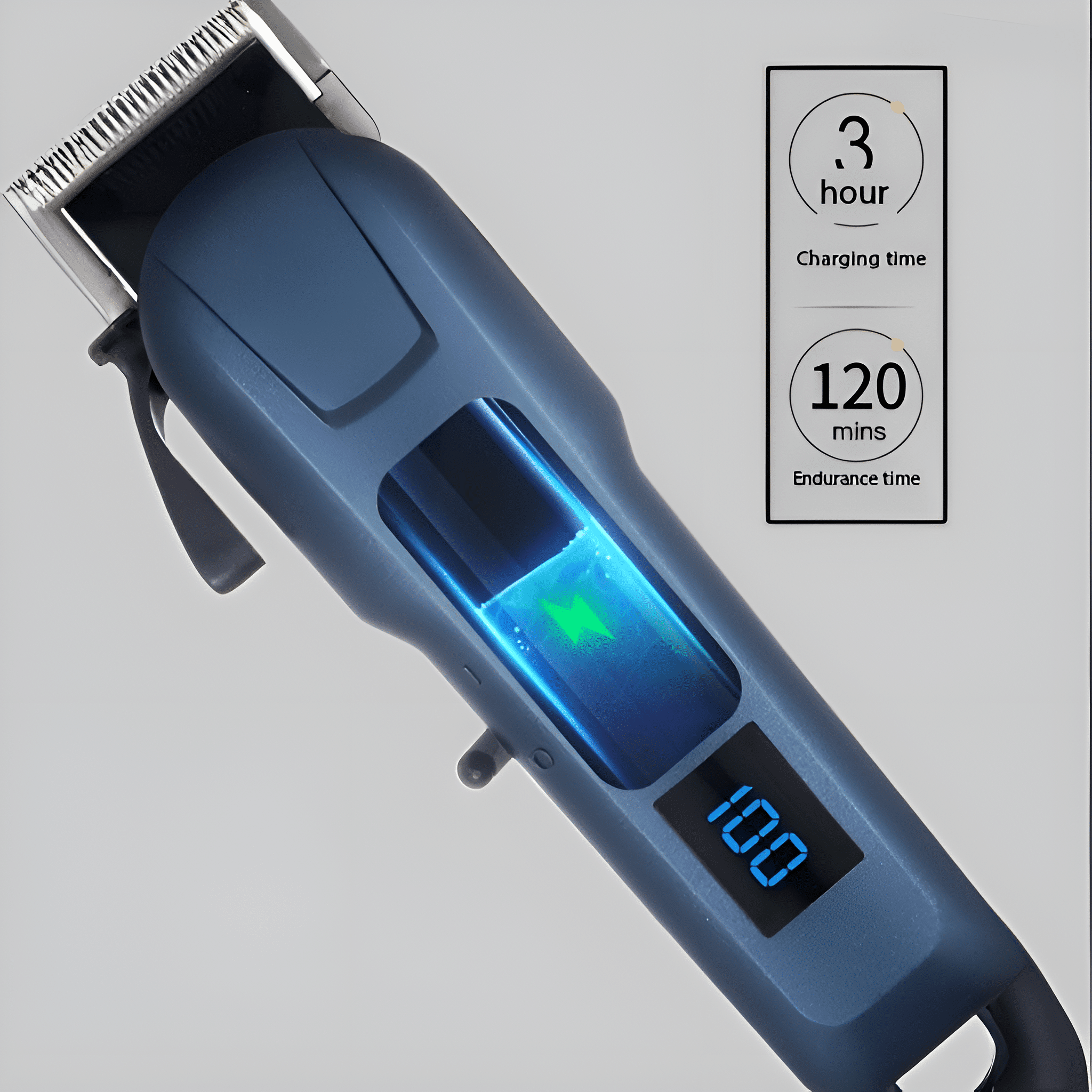 Blau-schwarzer Haarschneider mit Ladezeitanzeige. Weißer Hintergrund.