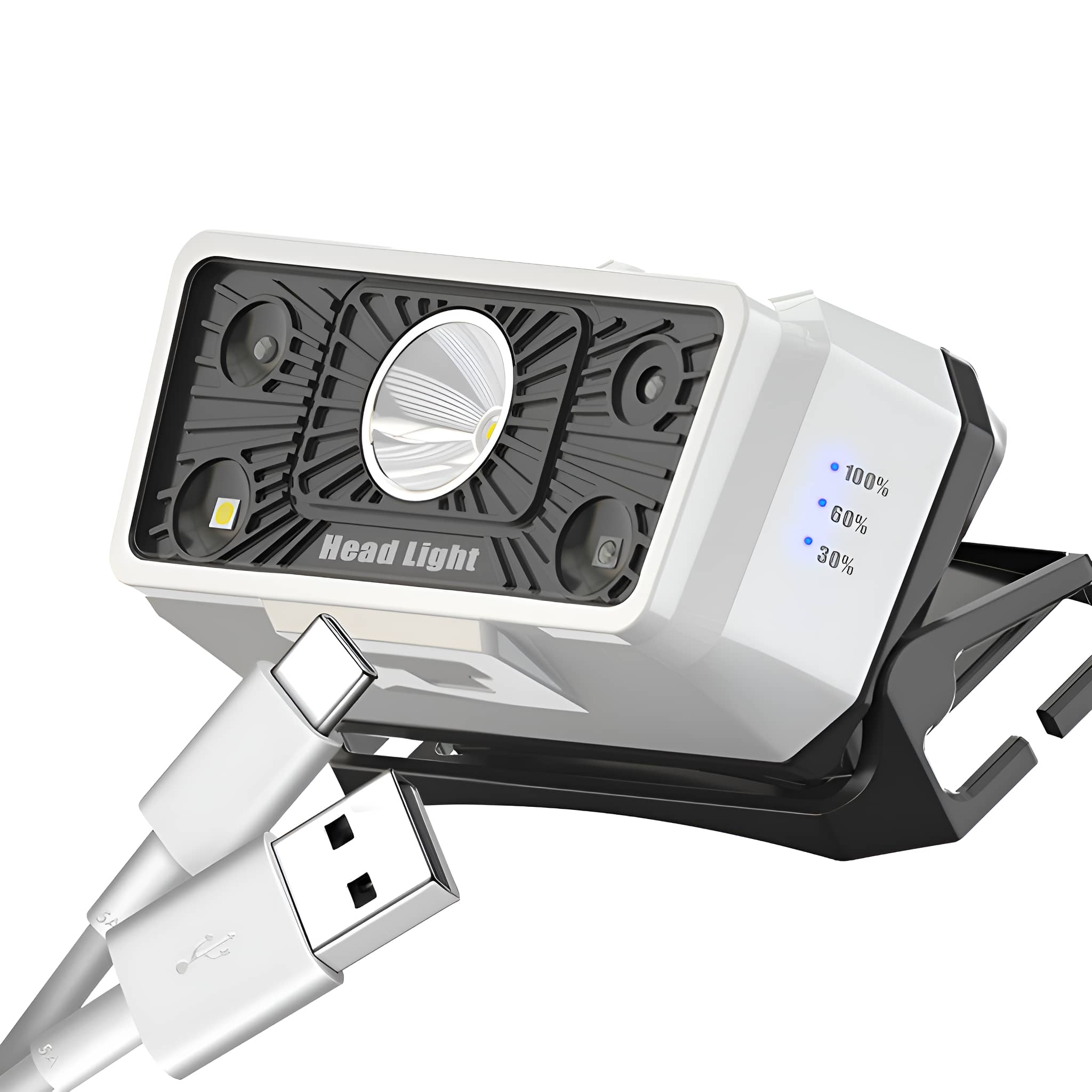 Weiß-schwarze Stirnlampe mit weißem USB-Kabel. Batteriestandsanzeigen.