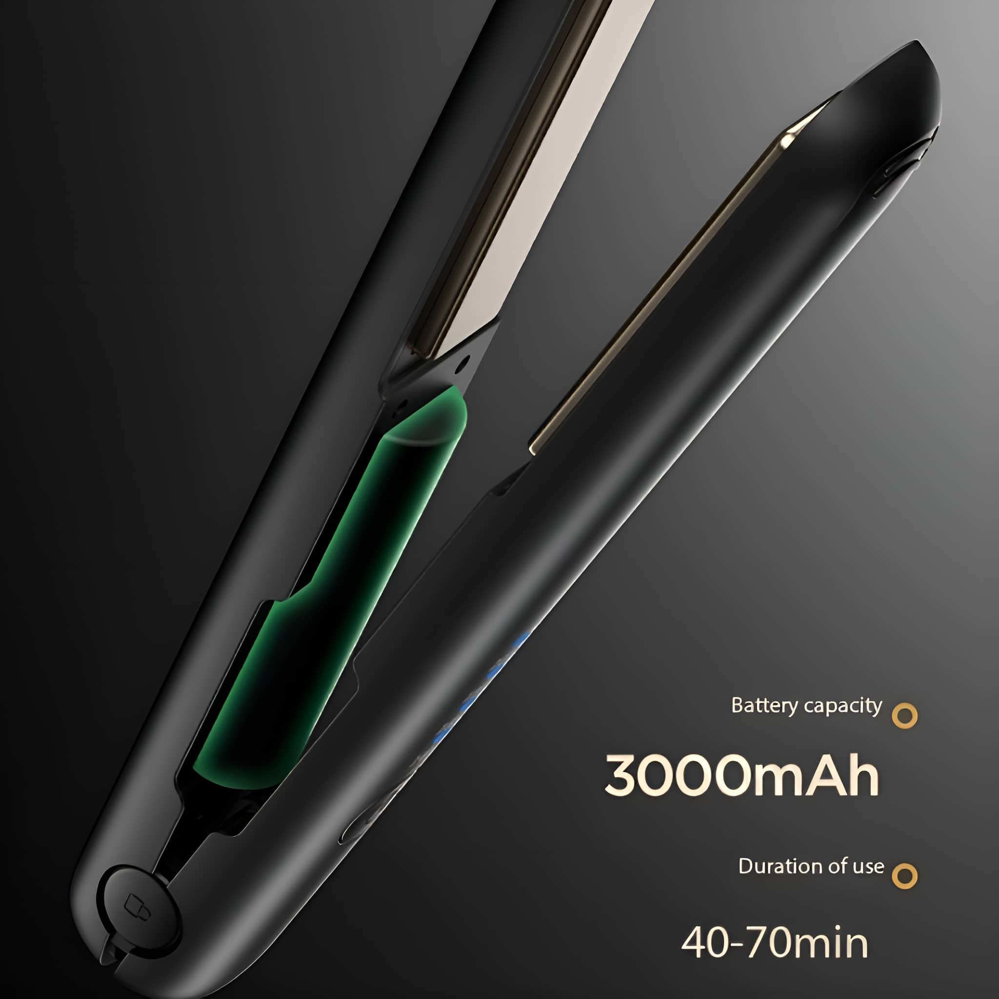 Schwarzer Haarglätter mit grüner Batterie. Text zeigt 3000mAh Akku und 40-70min Nutzung an.