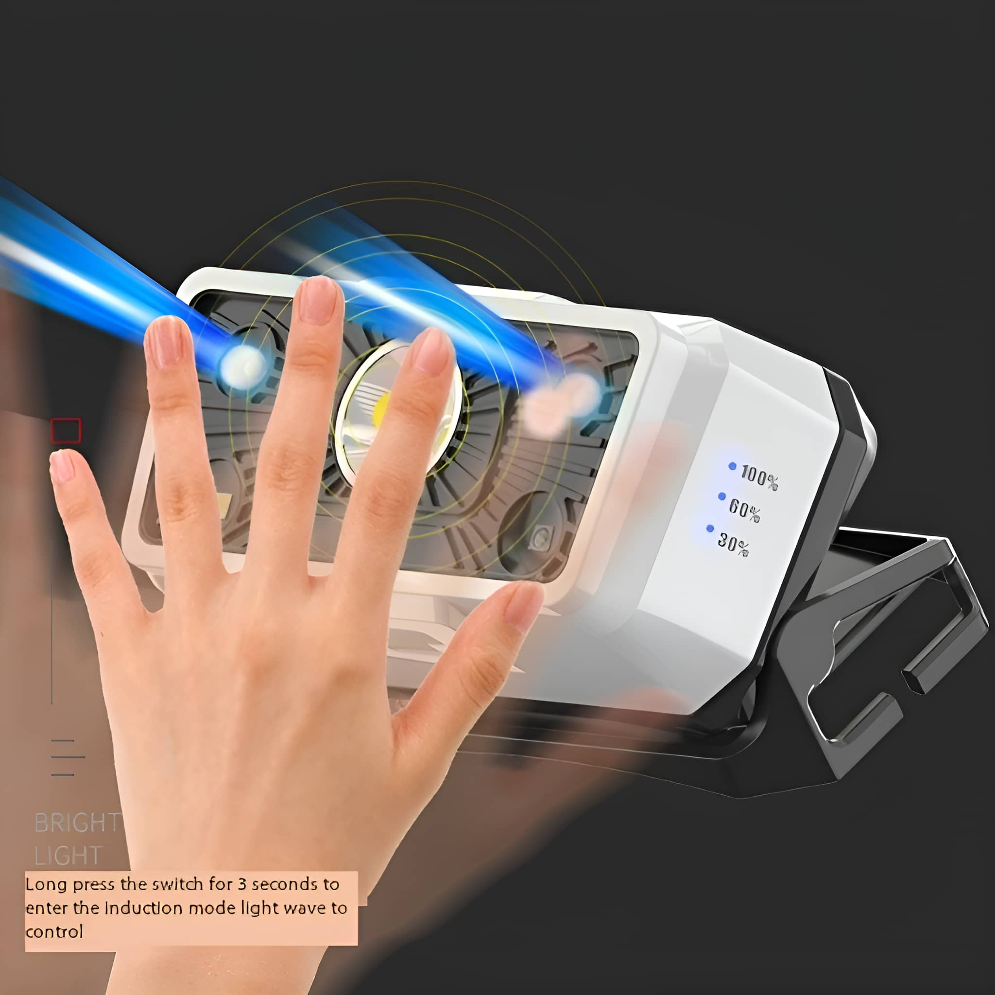 Die Hand einer Person interagiert mit einem weißen und schwarzen Gerät mit blauen Lichtstrahlen und Berührungssensoranzeige.