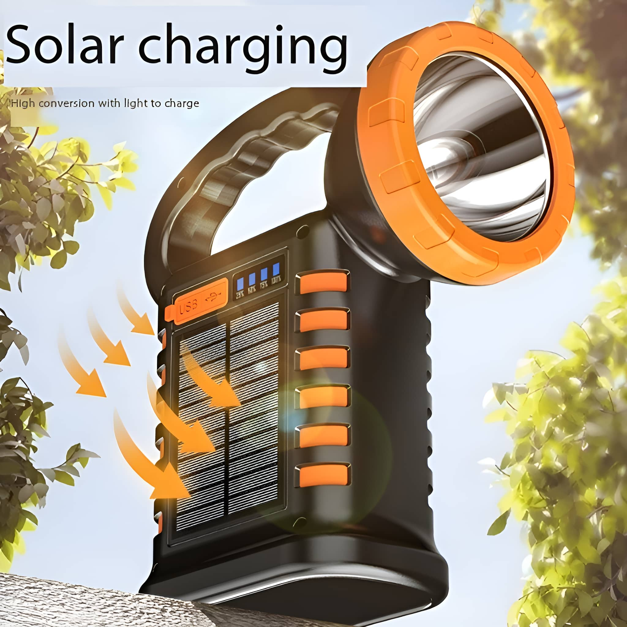 Schwarz-orange Solar-Taschenlampe mit Solarpanel, Pfeilen zum Panel und Blättern.