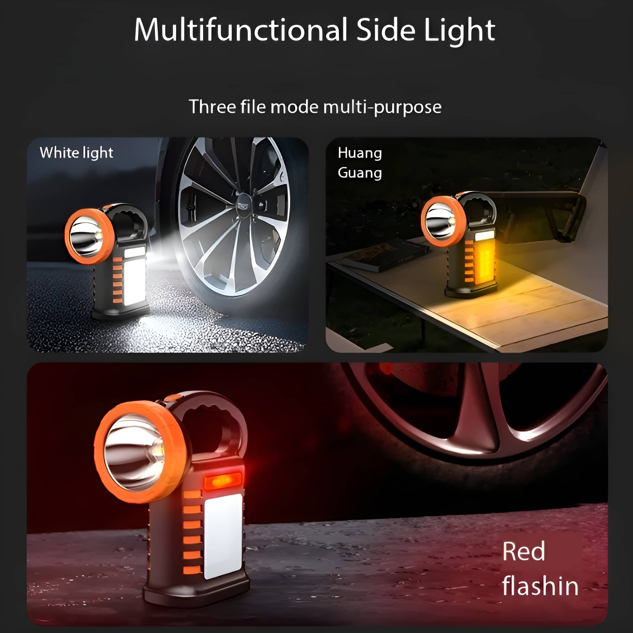 Taschenlampe in 3 Modi: weißes Licht, Huang Guang und rotes Blinken. Szenen mit Autos. Schwarze und orangefarbene Taschenlampe.