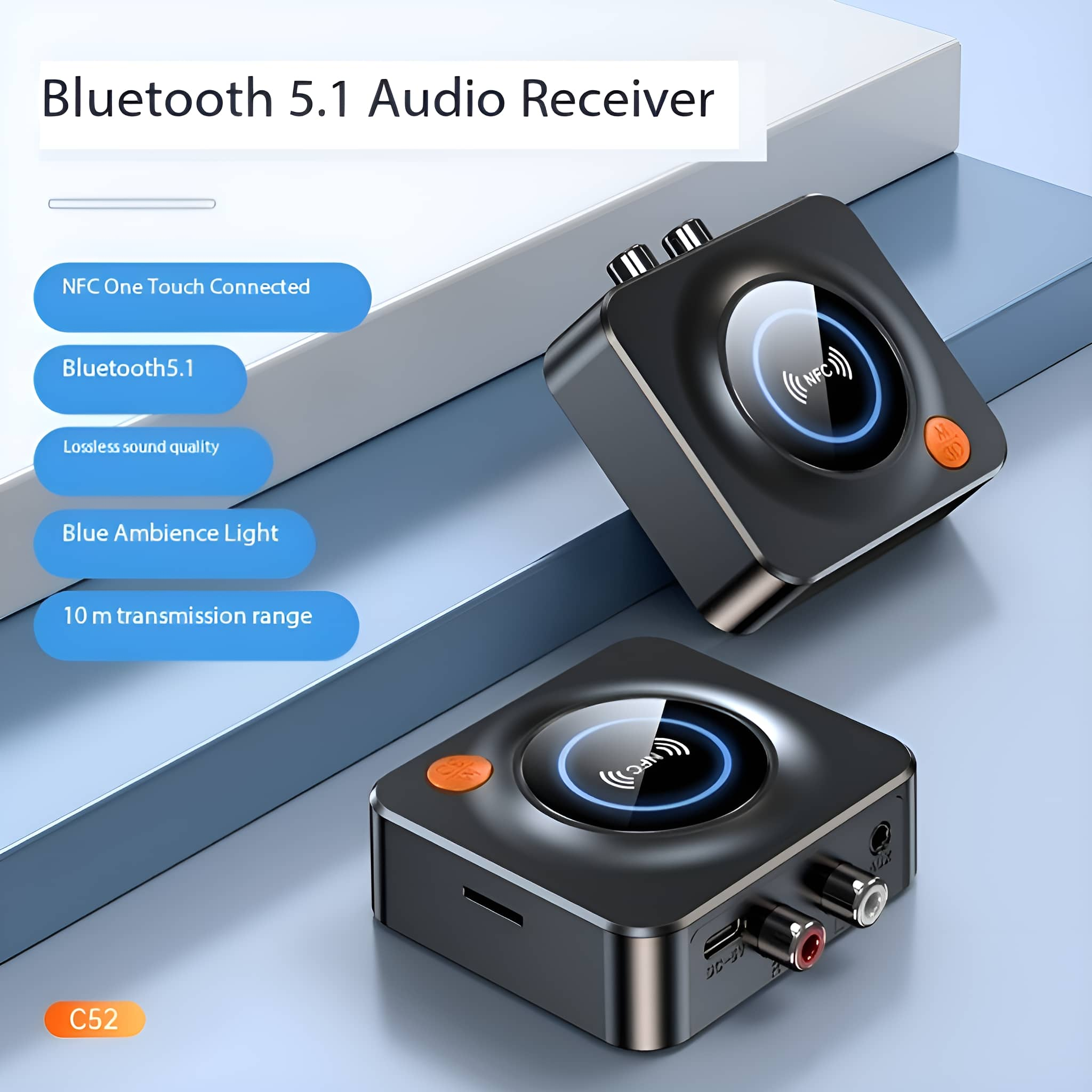 Bluetooth 5.1 Audioempfänger mit zwei Einheiten, NFC-Verbindung und blauem Umgebungslicht.