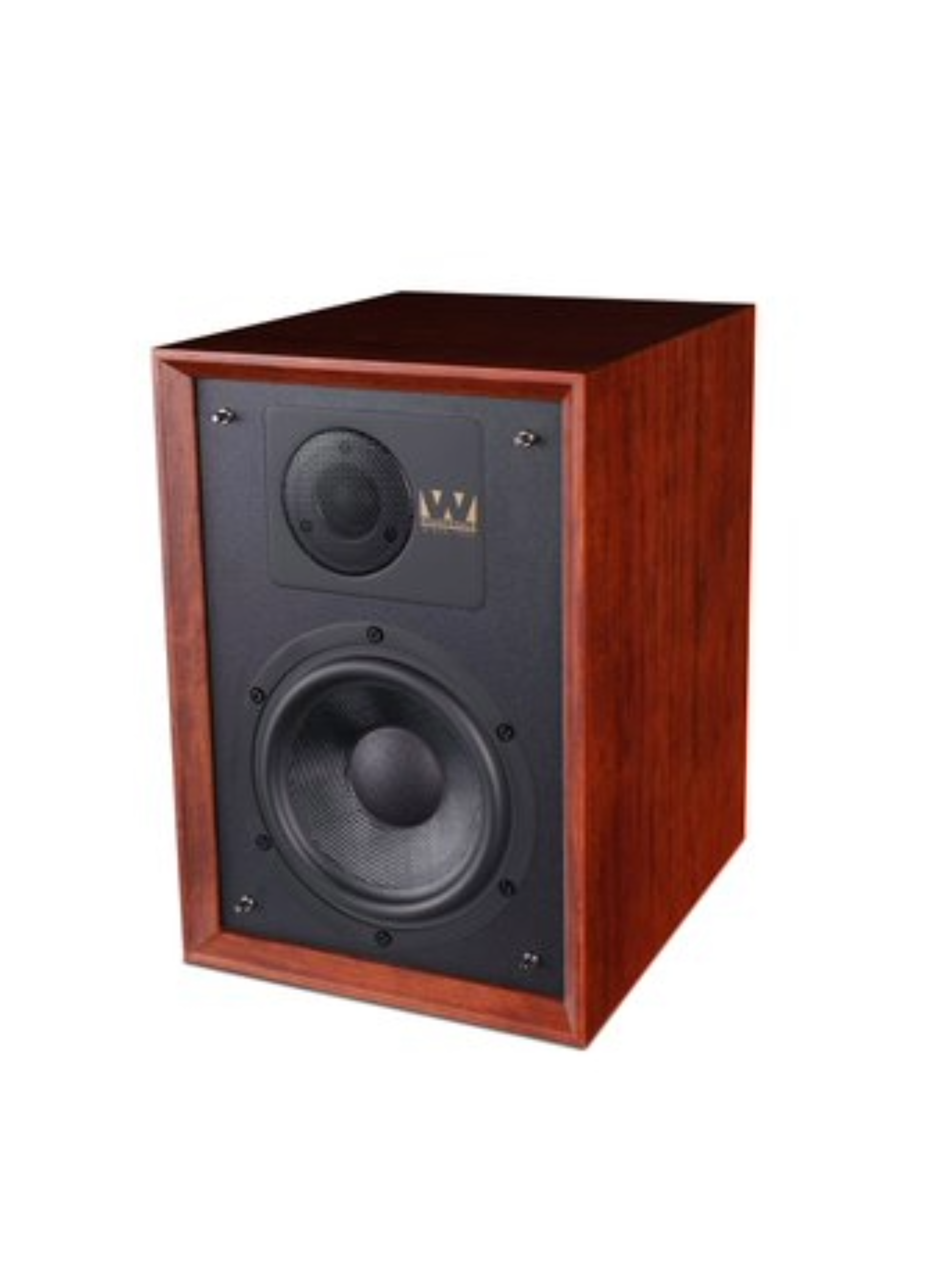 Houten luidspreker met zwarte voorkant, twee speakers en een tweeter, witte achtergrond.