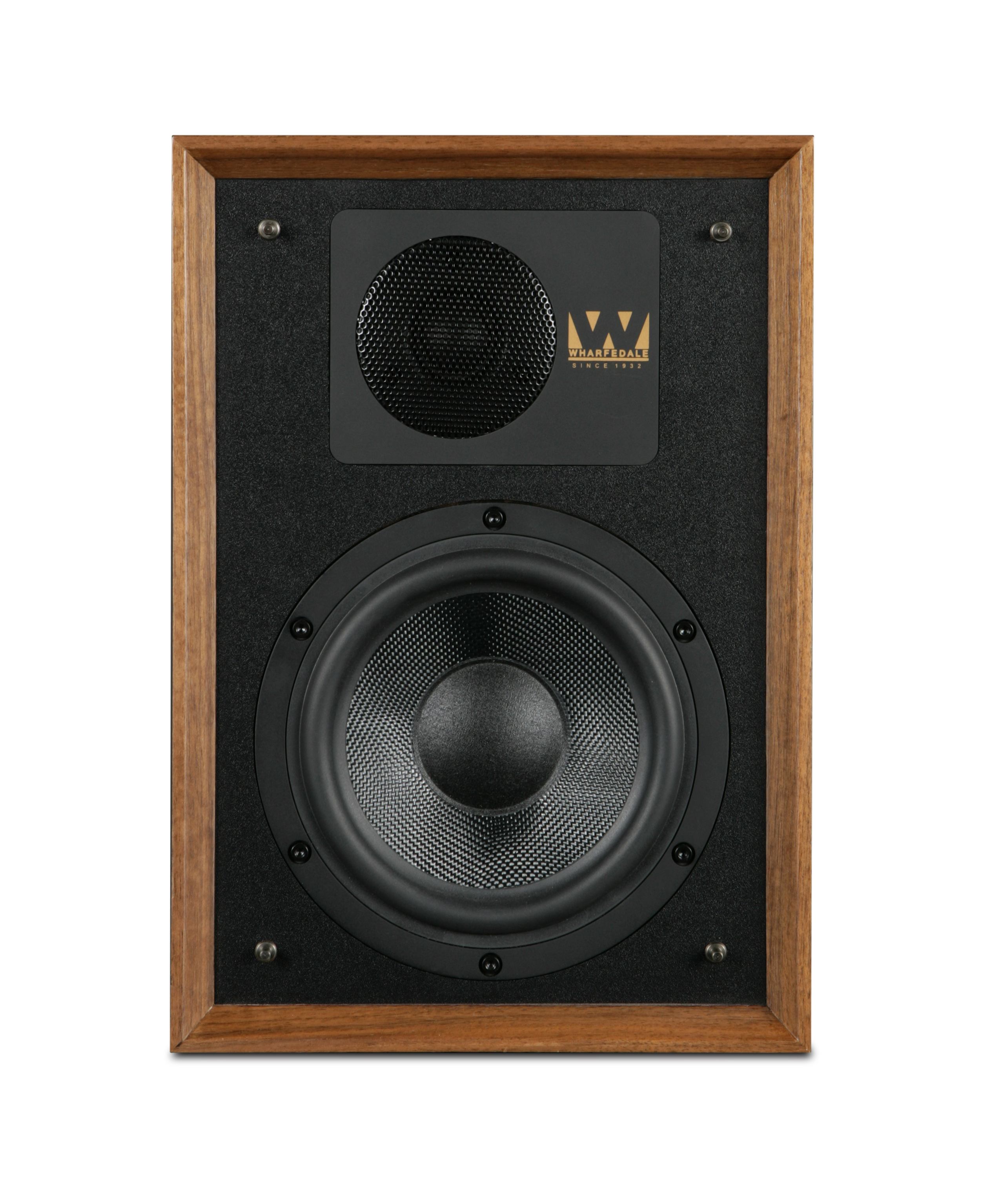 Houten luidspreker met een zwarte voorkant met een tweeter en een woofer, en een gouden logo.