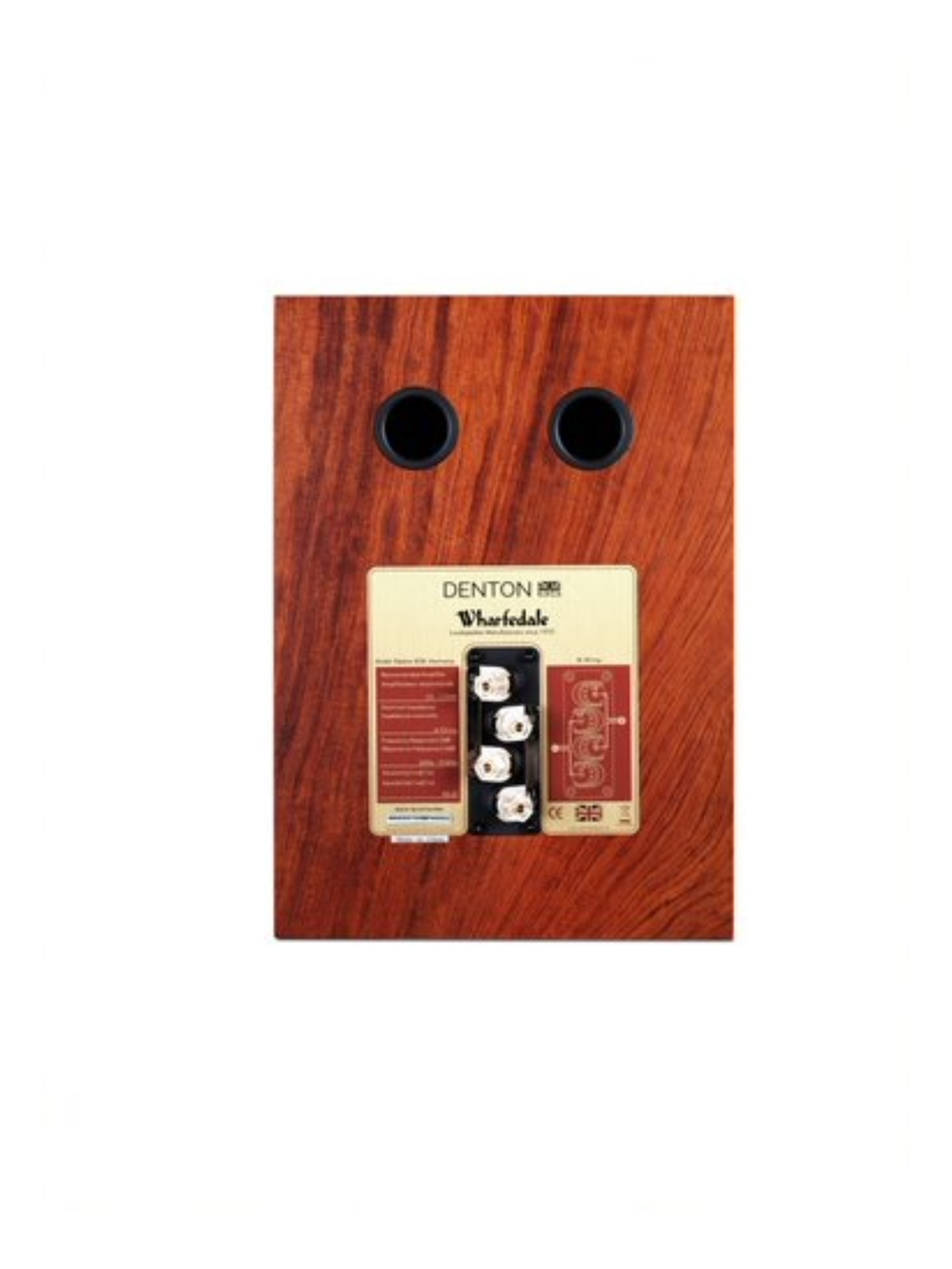Houten speaker achterkant met twee poorten en een aansluitpaneel. Witte achtergrond.