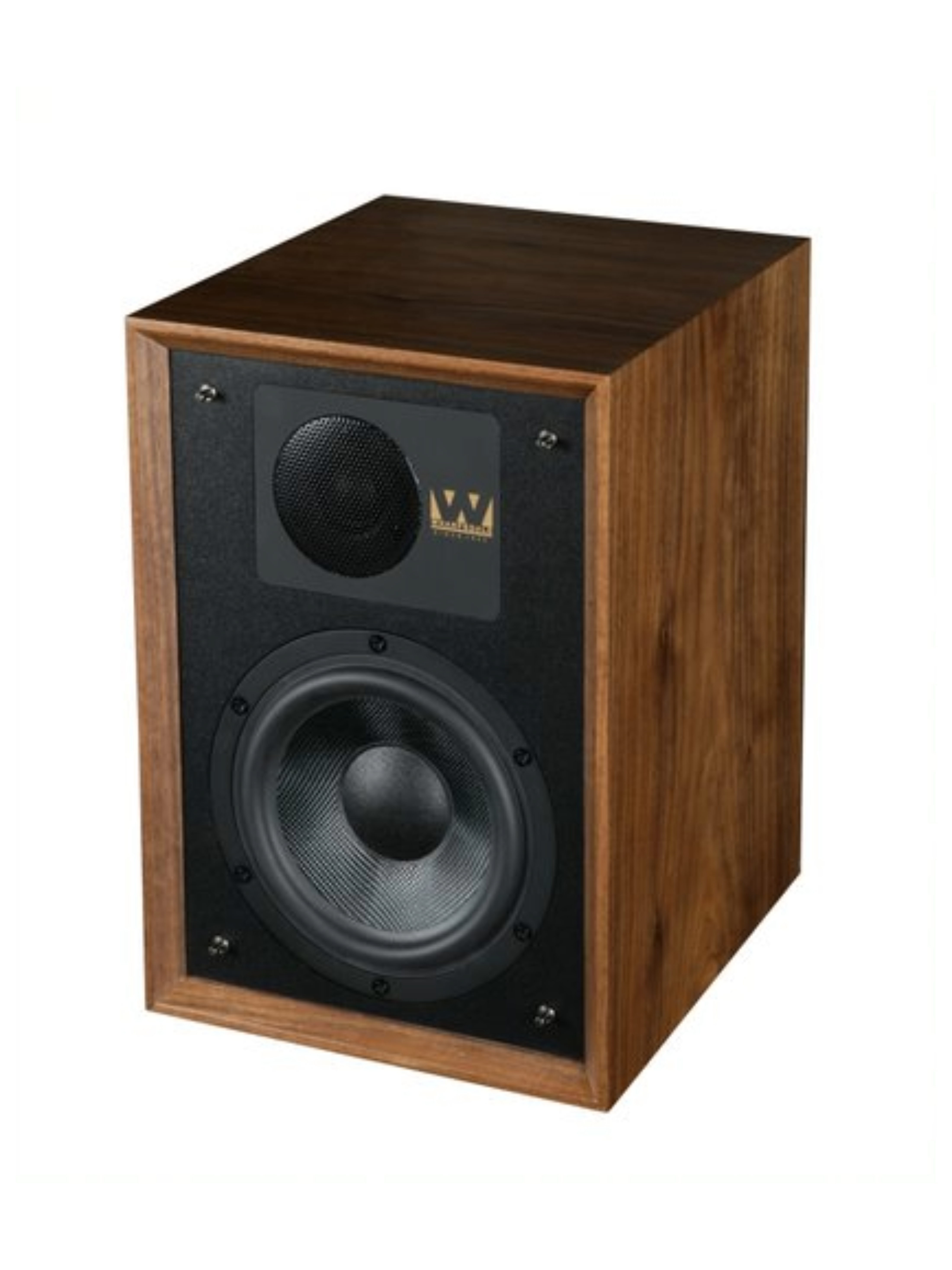 Een houten luidspreker met een zwarte voorkant en een kleine luidspreker bovenop.