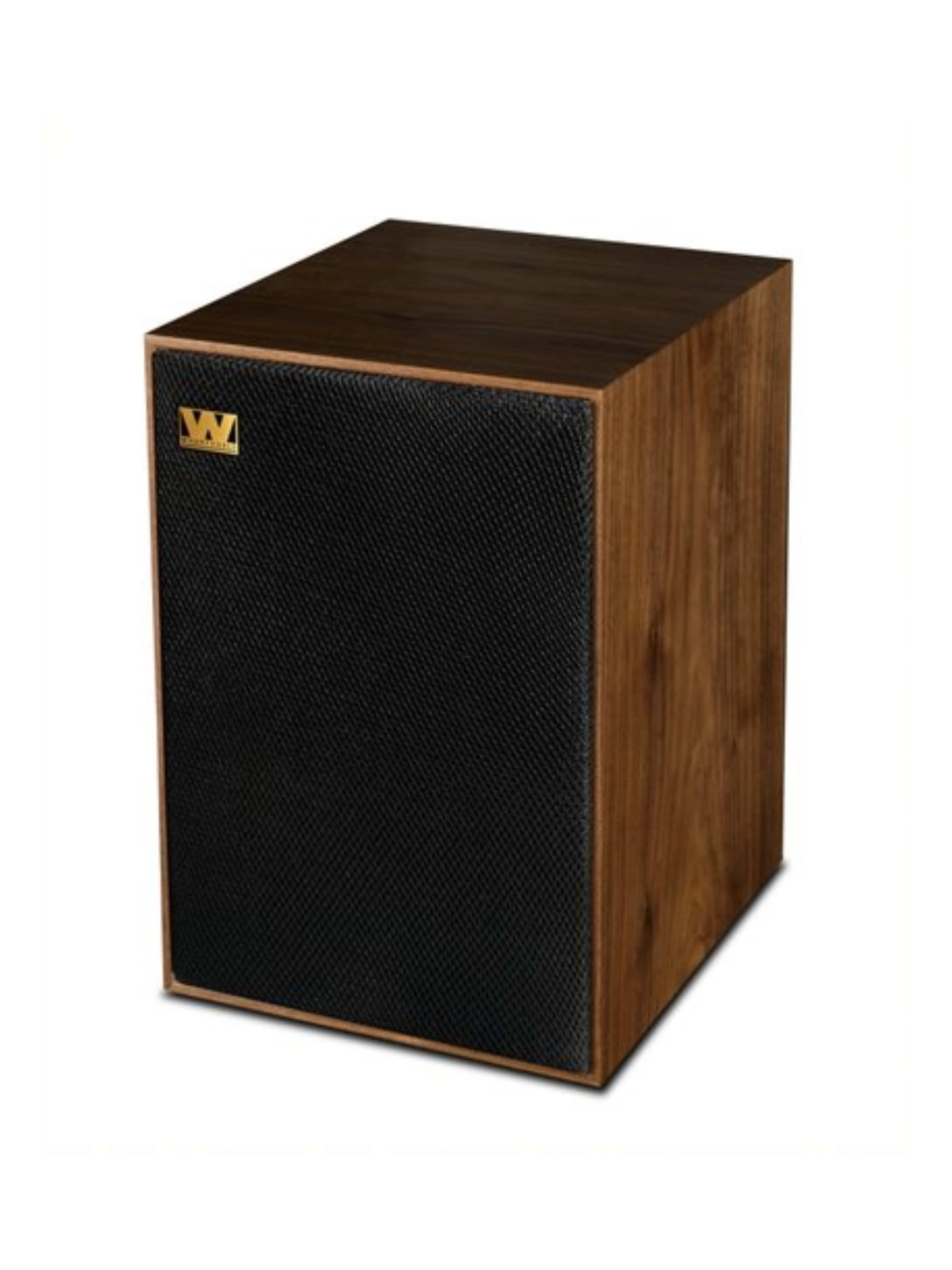 Een houten luidspreker met een zwart gaasfront en een gouden 'W'-logo. De luidspreker heeft een doosvorm.