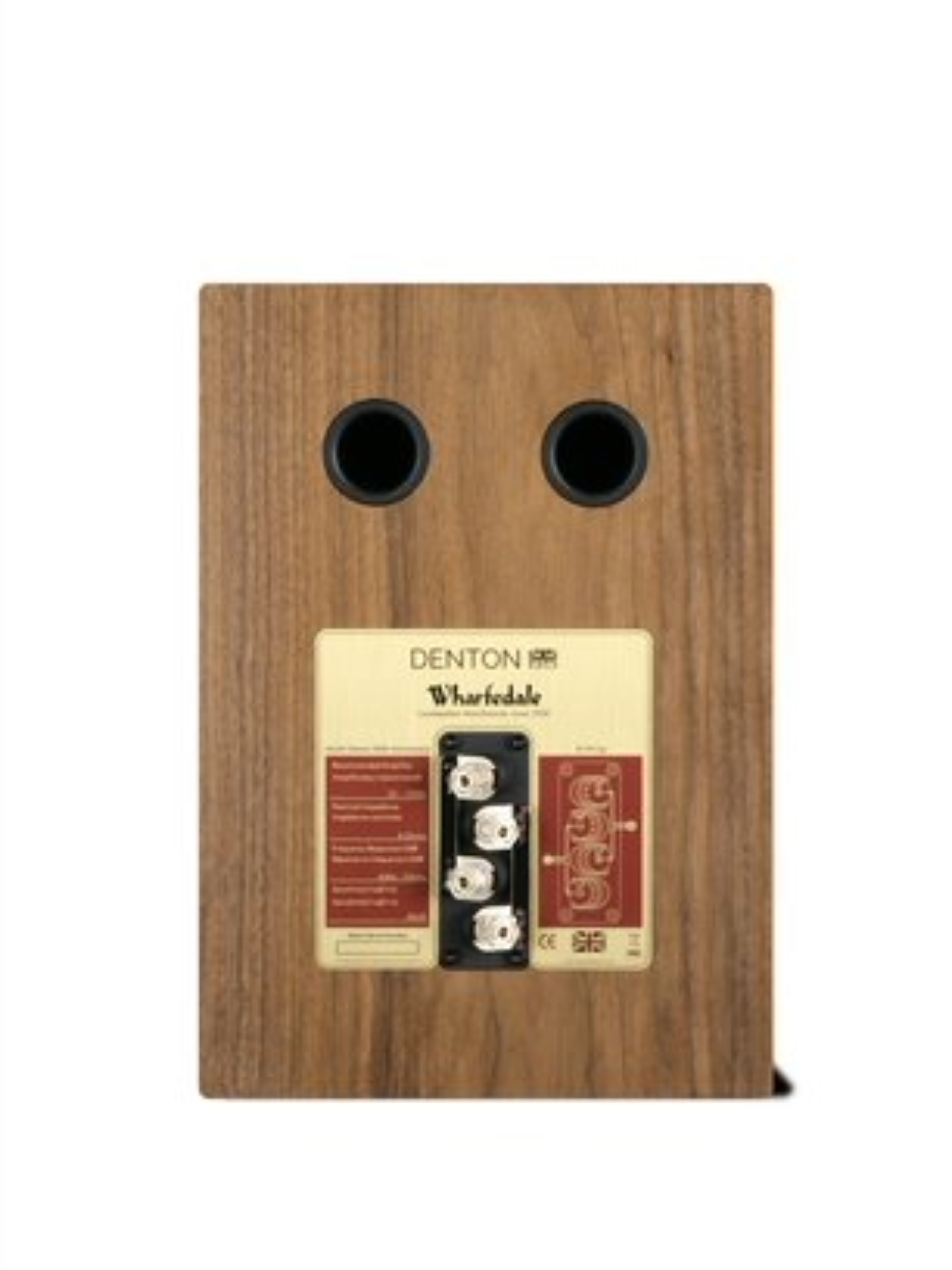 Achteraanzicht van een luidspreker. Hij is bruin met een zwart luidsprekerinvoerpaneel en een Wharfedale-logo.