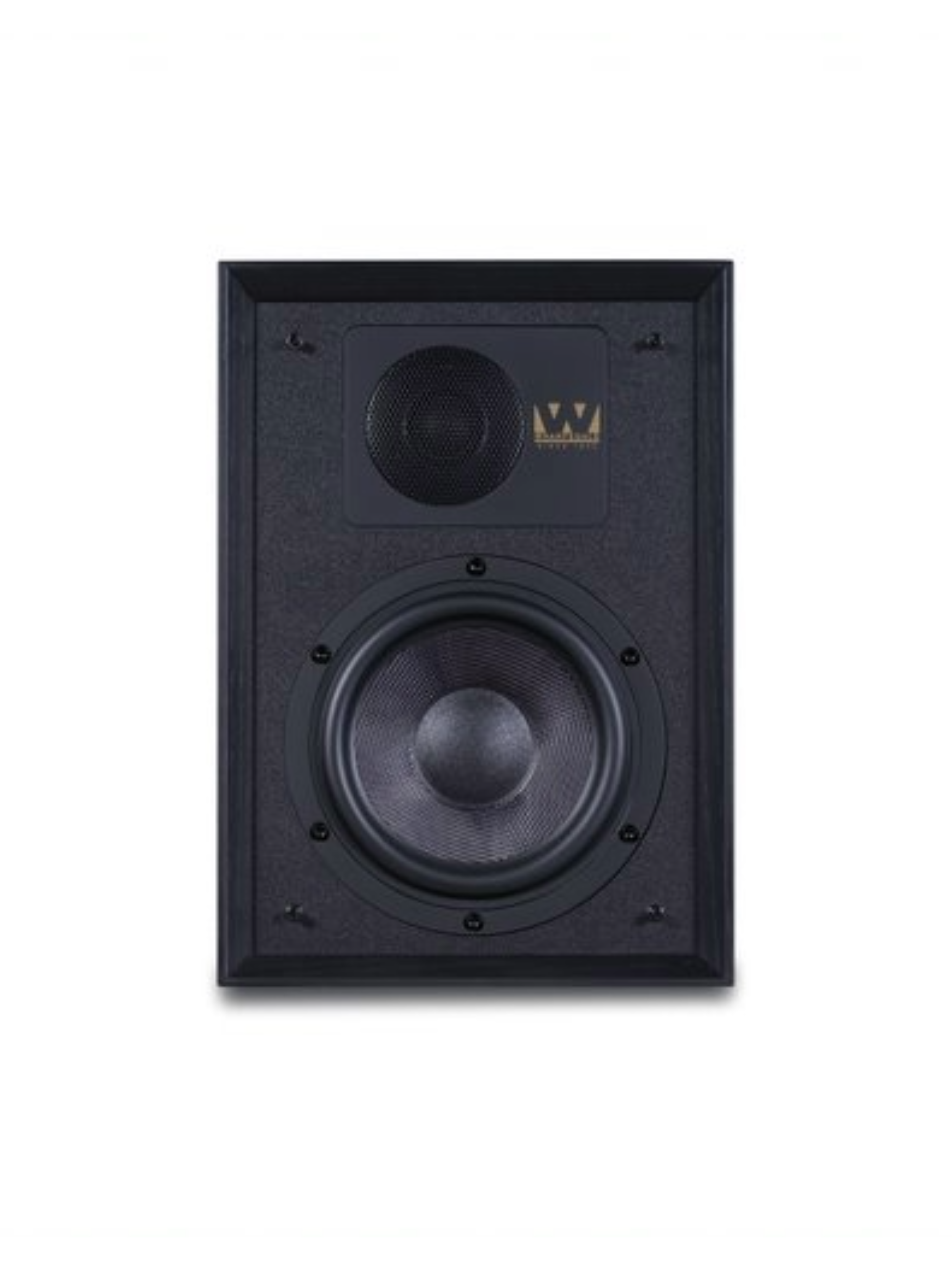 Zwarte speaker met zwarte voorkant, woofer, tweeter en het 'Wharfedale'-logo.