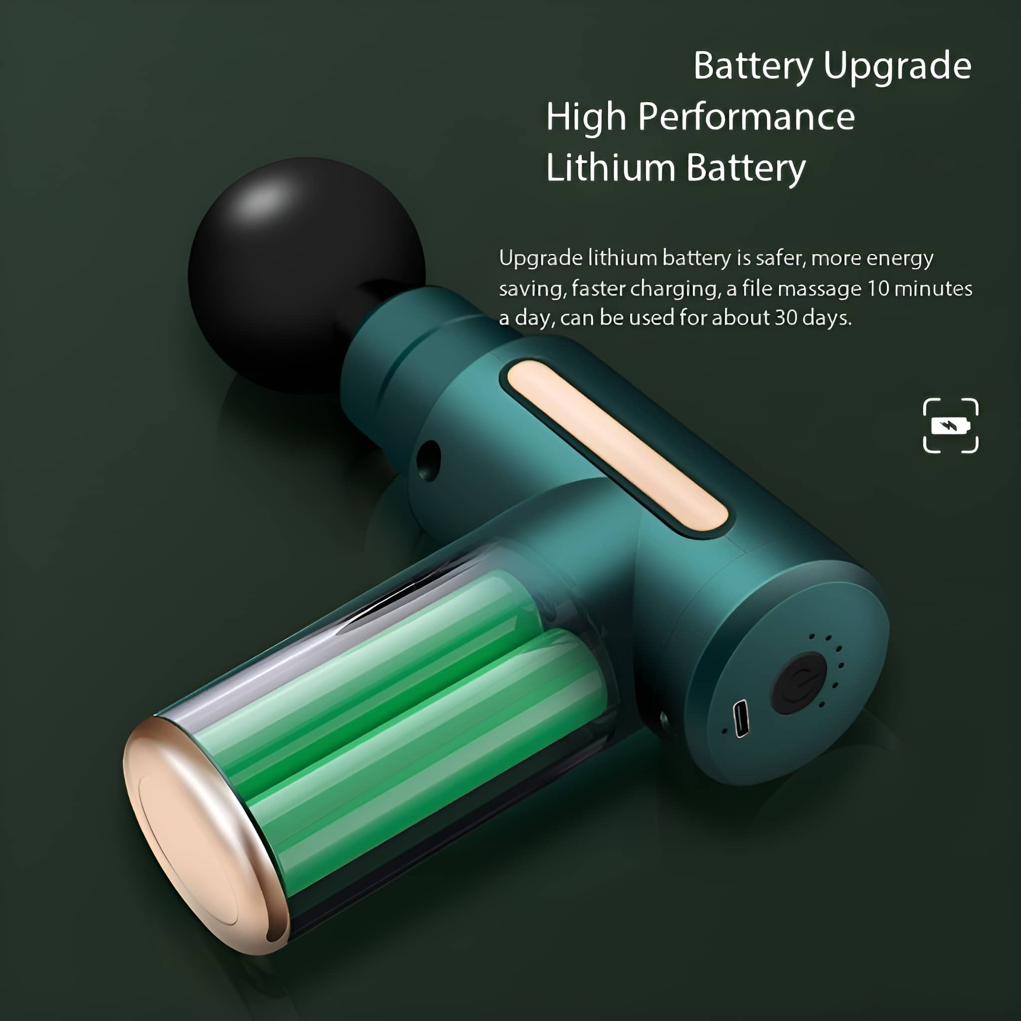 Grüne Massagepistole mit zwei Batterien sichtbar. Text: Batterie-Upgrade, sicherer, schnelleres Laden, ca. 30 Tage.