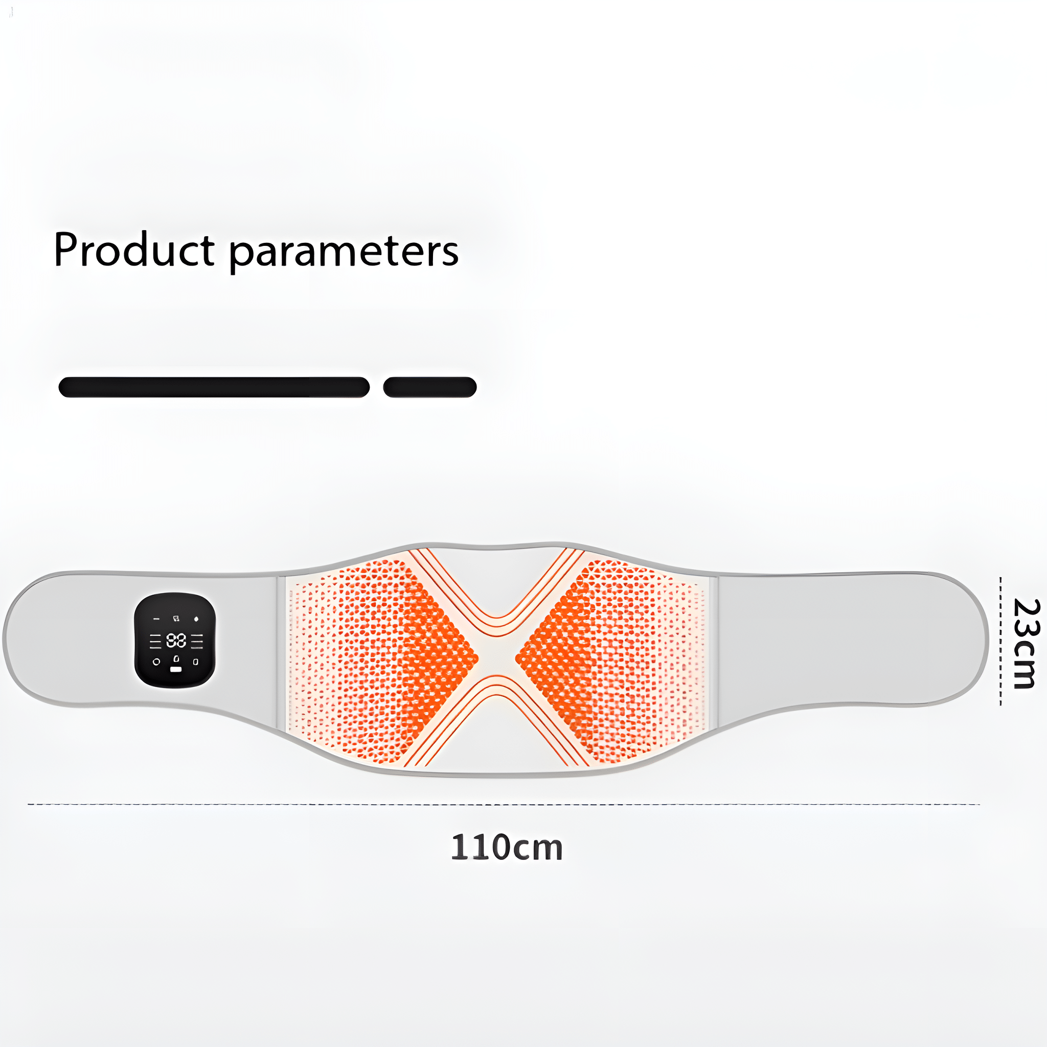 Weißer Körpergürtel mit Bedienfeld, zeigt Produktparameter. Misst 110cm lang und 23cm breit.