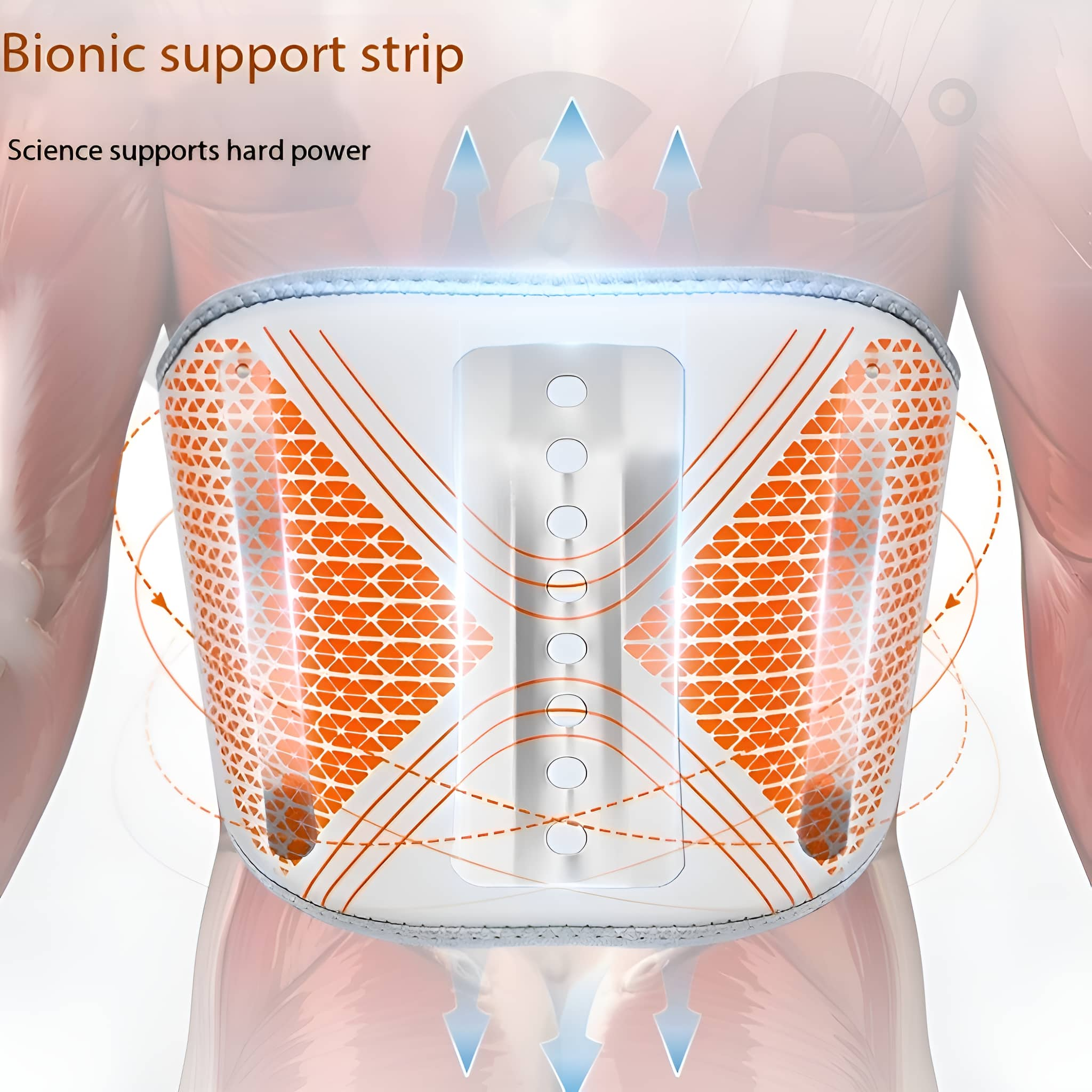 Ein Körperstützgürtel mit orangefarbenem Mesh-Design, getragen von einer Person. Pfeile weisen auf die Stützfunktion des Designs hin.