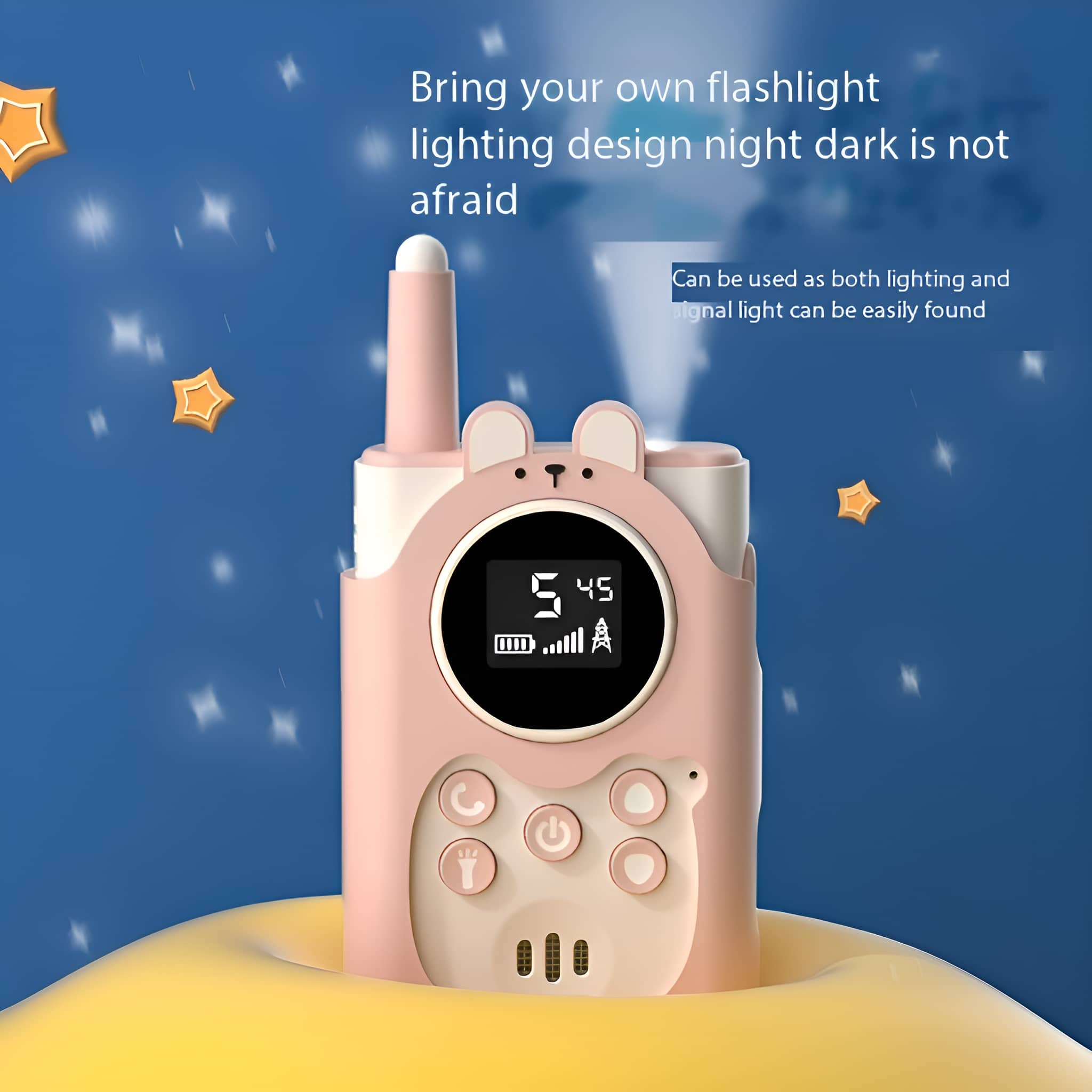 Ein rosa Spielzeug-Walkie-Talkie mit Digitalanzeige, umgeben von Sternen.