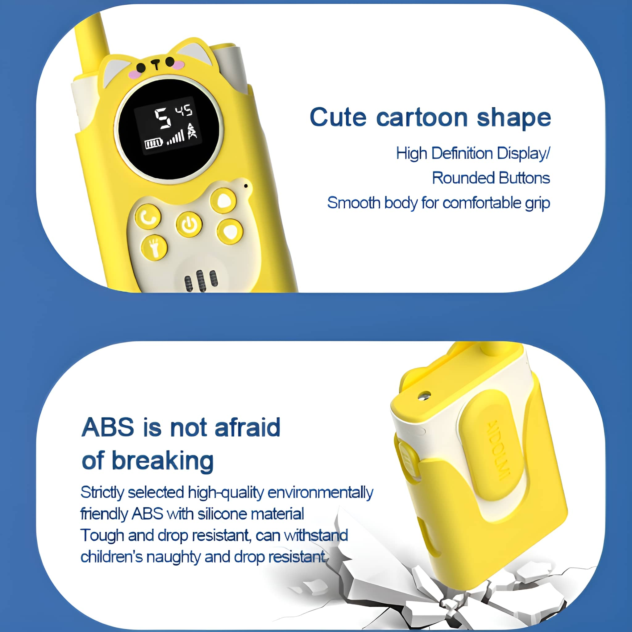 Gelbe Cartoon-Walkie-Talkies mit Text. Eines ist aufrecht, und ein anderes zerbricht ein Objekt.