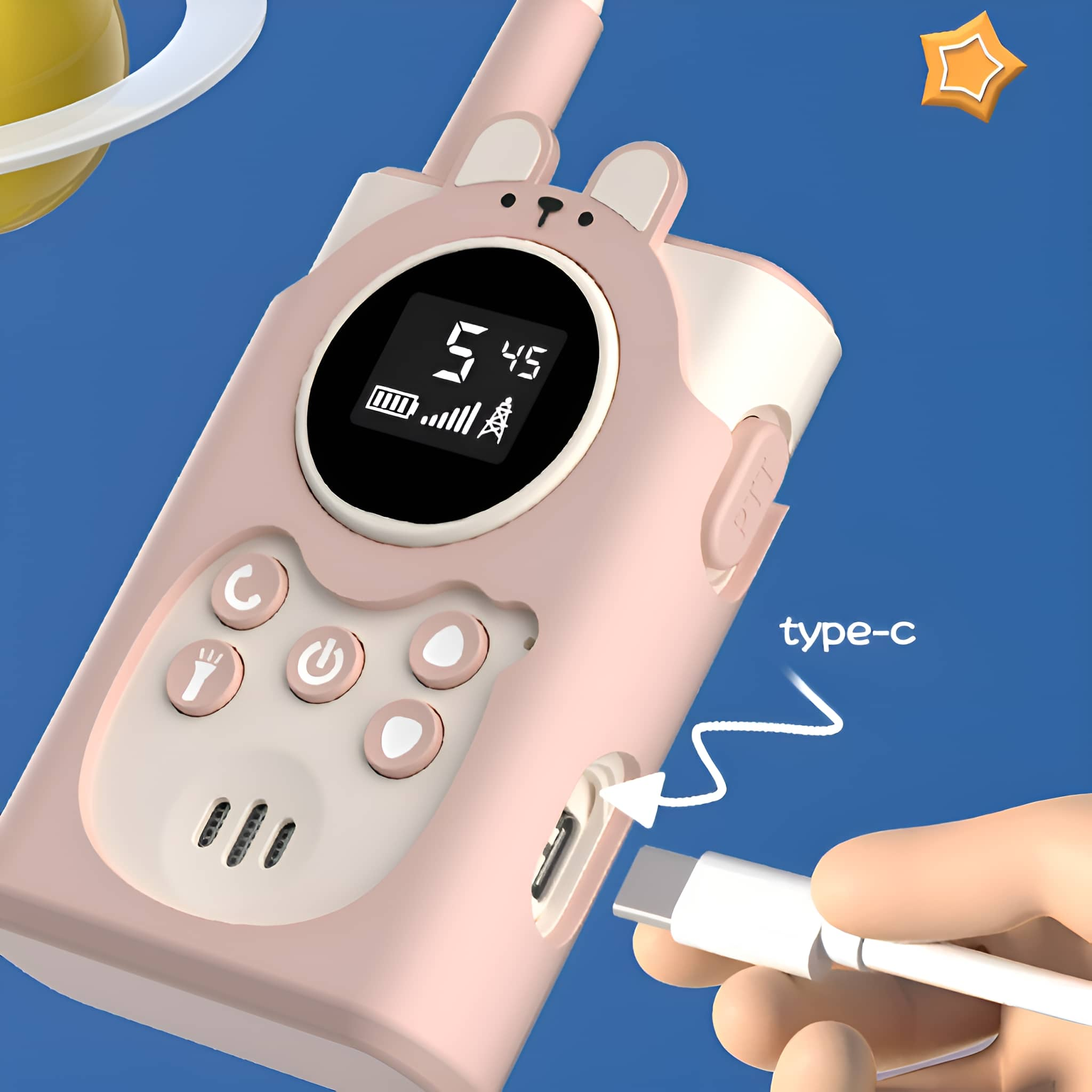 Rosa-weißes Spielzeug-Walkie-Talkie mit eingestecktem Ladekabel.