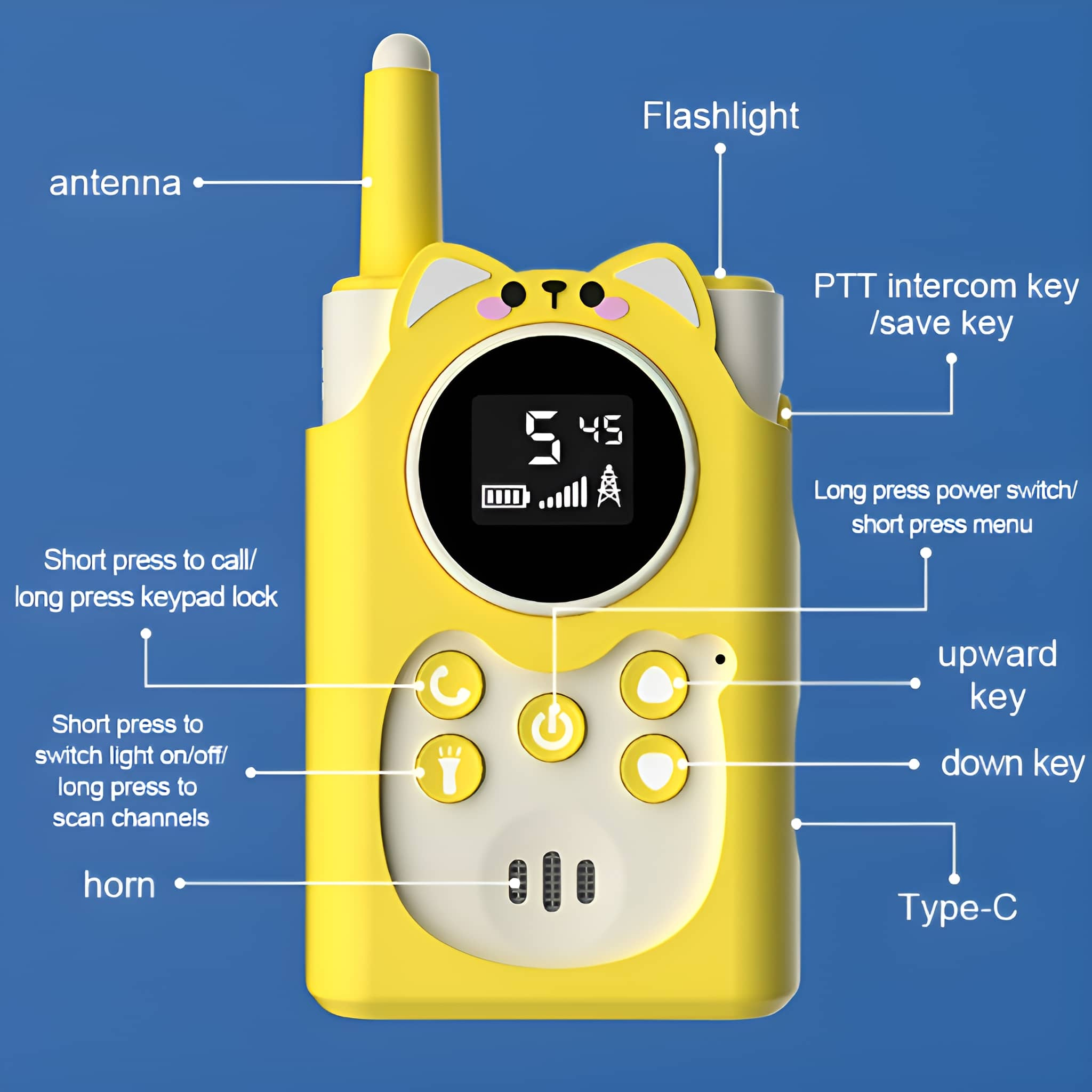 Gelbes Spielzeug-Walkie-Talkie mit Katzenkopf, Knöpfen und Text.