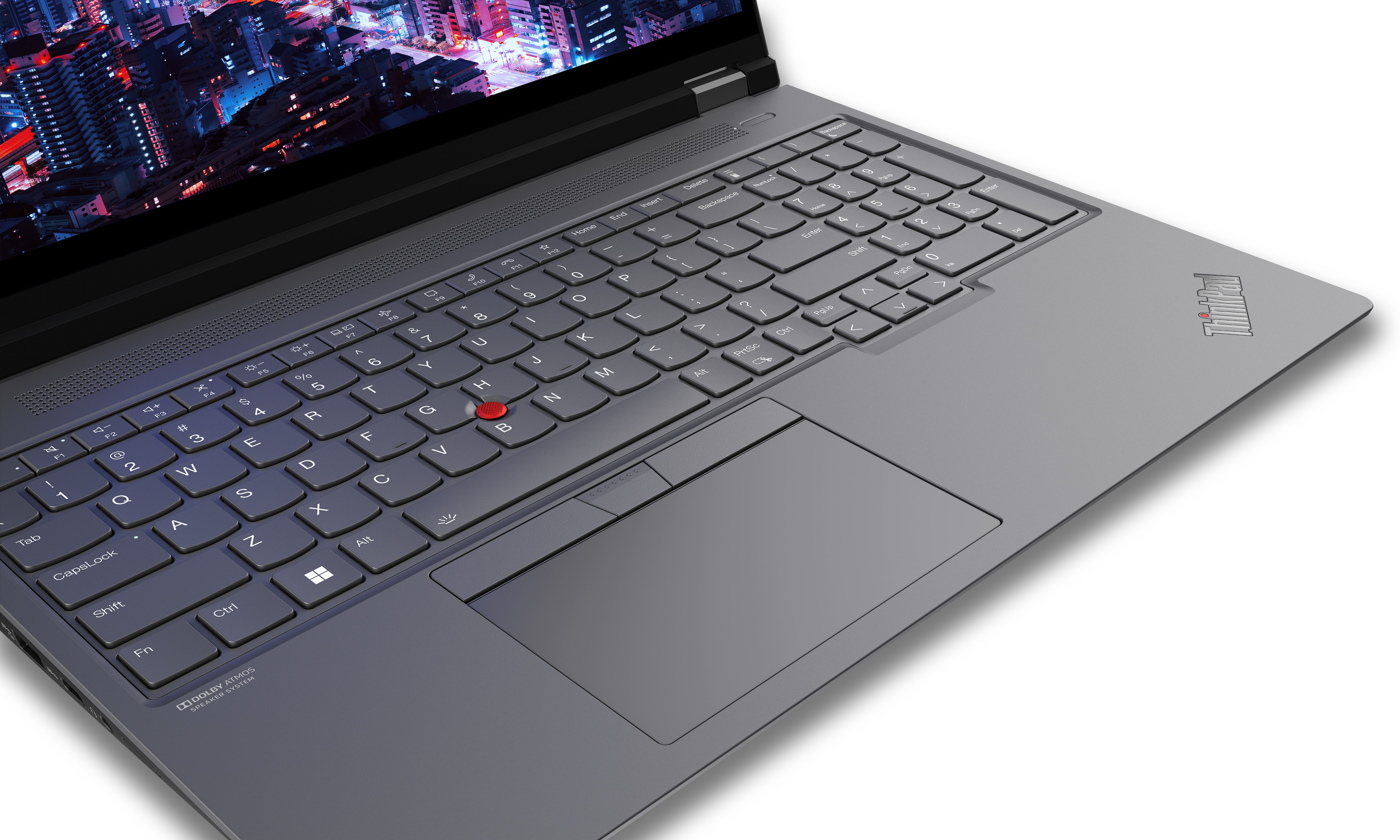 Tastiera del laptop con trackpoint rosso al centro. Touchpad grigio.