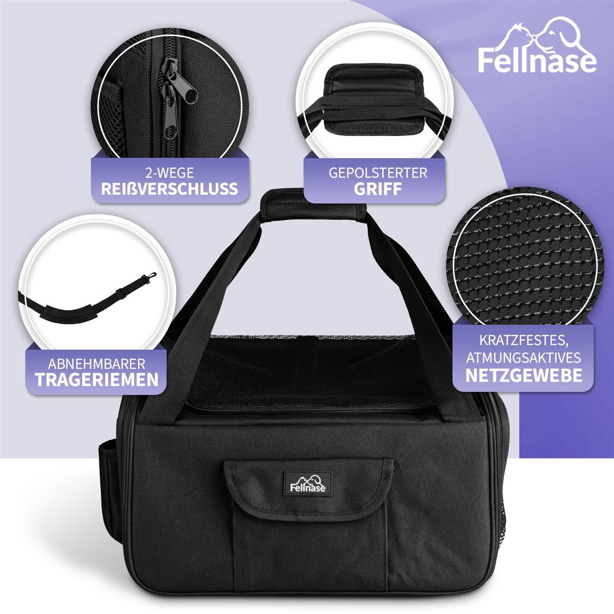 Schwarze Haustiertasche mit detaillierten Etiketten, schwarzer Hintergrund mit Grafiken.