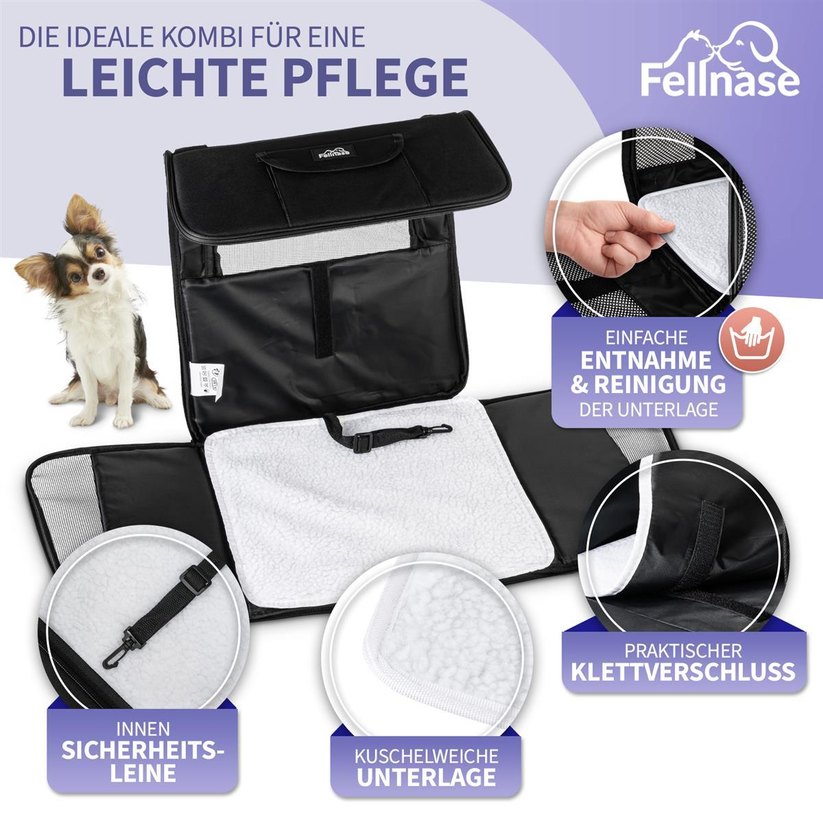 Ein schwarzer Autositz-Organizer mit einem Hund und mehreren Detailbildern über den Organizer.