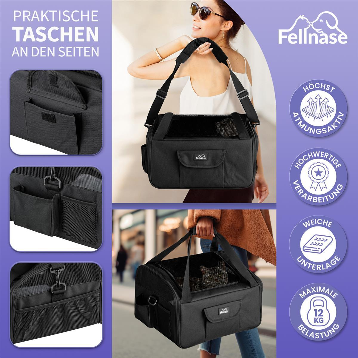 Eine schwarze Tier-Tragetasche mit mehreren Ansichten, mit Tragetasche und detaillierten Funktionen.