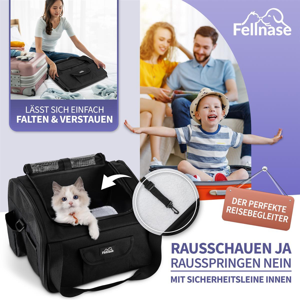 Eine Katze in einer schwarzen Haustiertasche. Menschen lächeln. Text: Der perfekte Reisebegleiter.