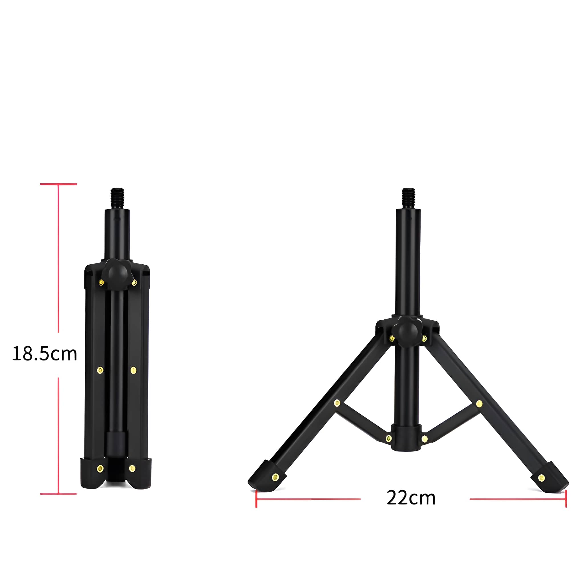 Schwarzes Stativ, gefaltet und entfaltet. Es misst 18,5 cm gefaltet und 22 cm breit entfaltet.