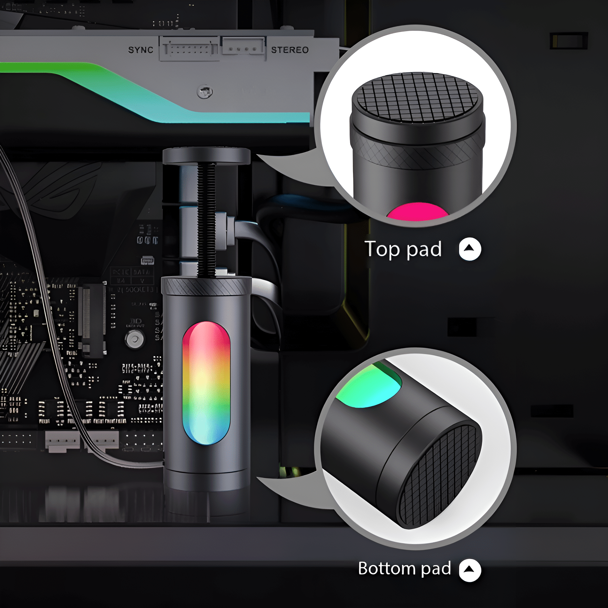 Ein schwarzes und graues Gerät mit farbigen Lichtern, das an einer Computerkomponente befestigt ist, mit oberen/unteren Pads.