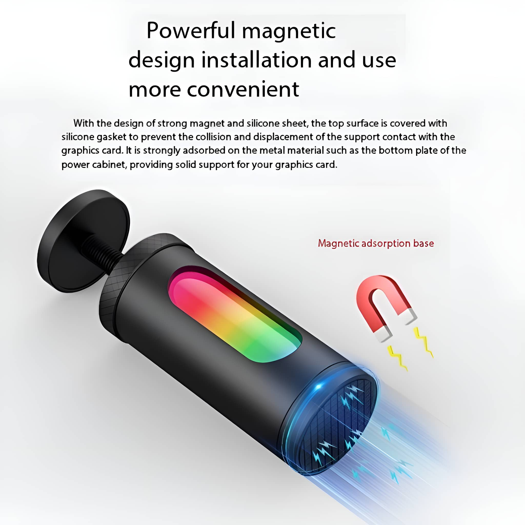 Ein schwarzes Gerät mit farbigem Licht und Magnetfuß, mit Magnet-Symbol und Text.