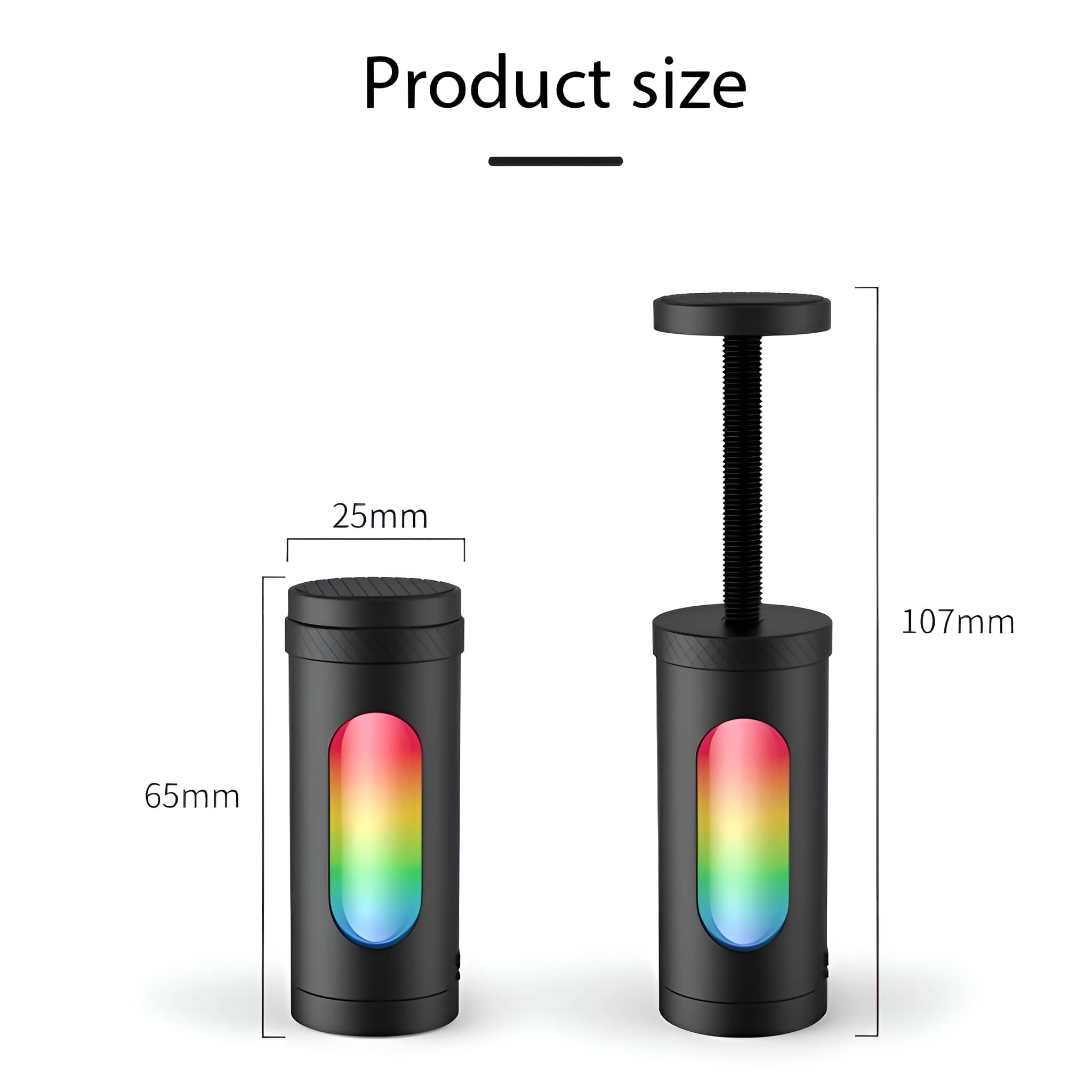 Zwei schwarze zylindrische Objekte mit Regenbogenlichtern, beschriftet mit Abmessungen. Eines hat ein T-Form.