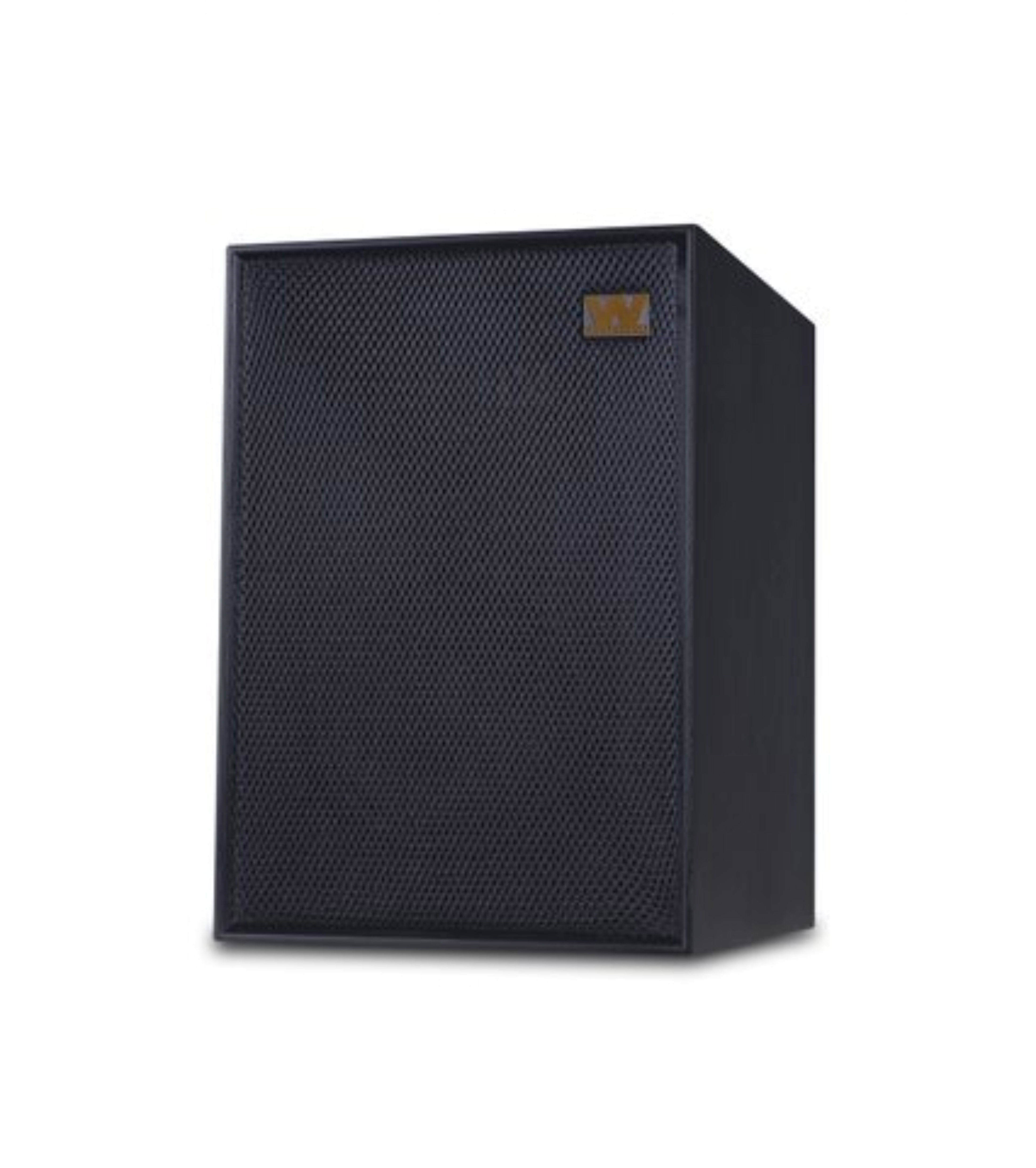 Zwarte speaker met een mesh voorkant en een gouden logo. Zijaanzicht.