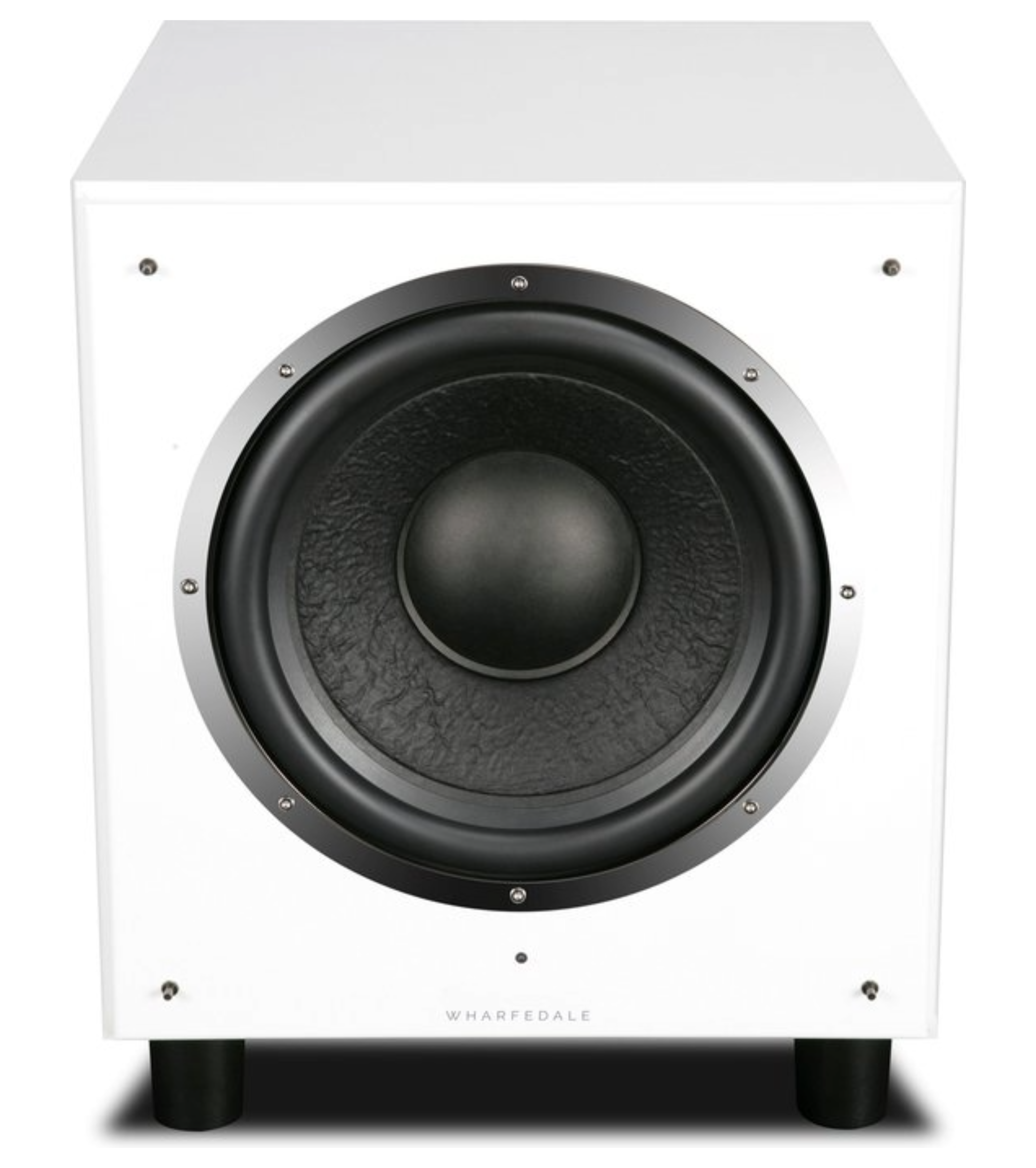 Subwoofer bianco con altoparlante nero, finiture argentate, piedini neri e logo Wharfedale.