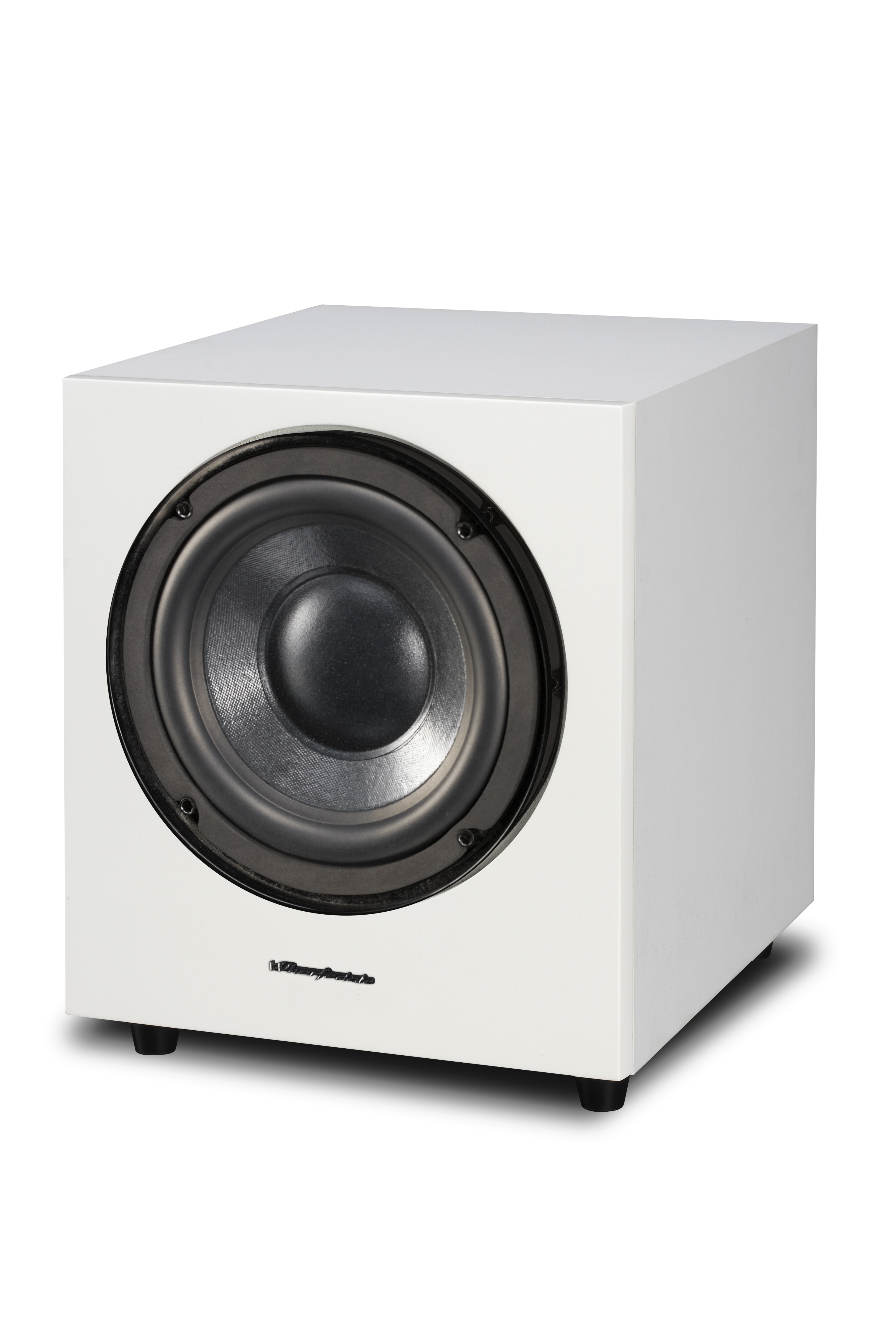 Witte subwoofer met zwarte luidspreker en witte achtergrond.