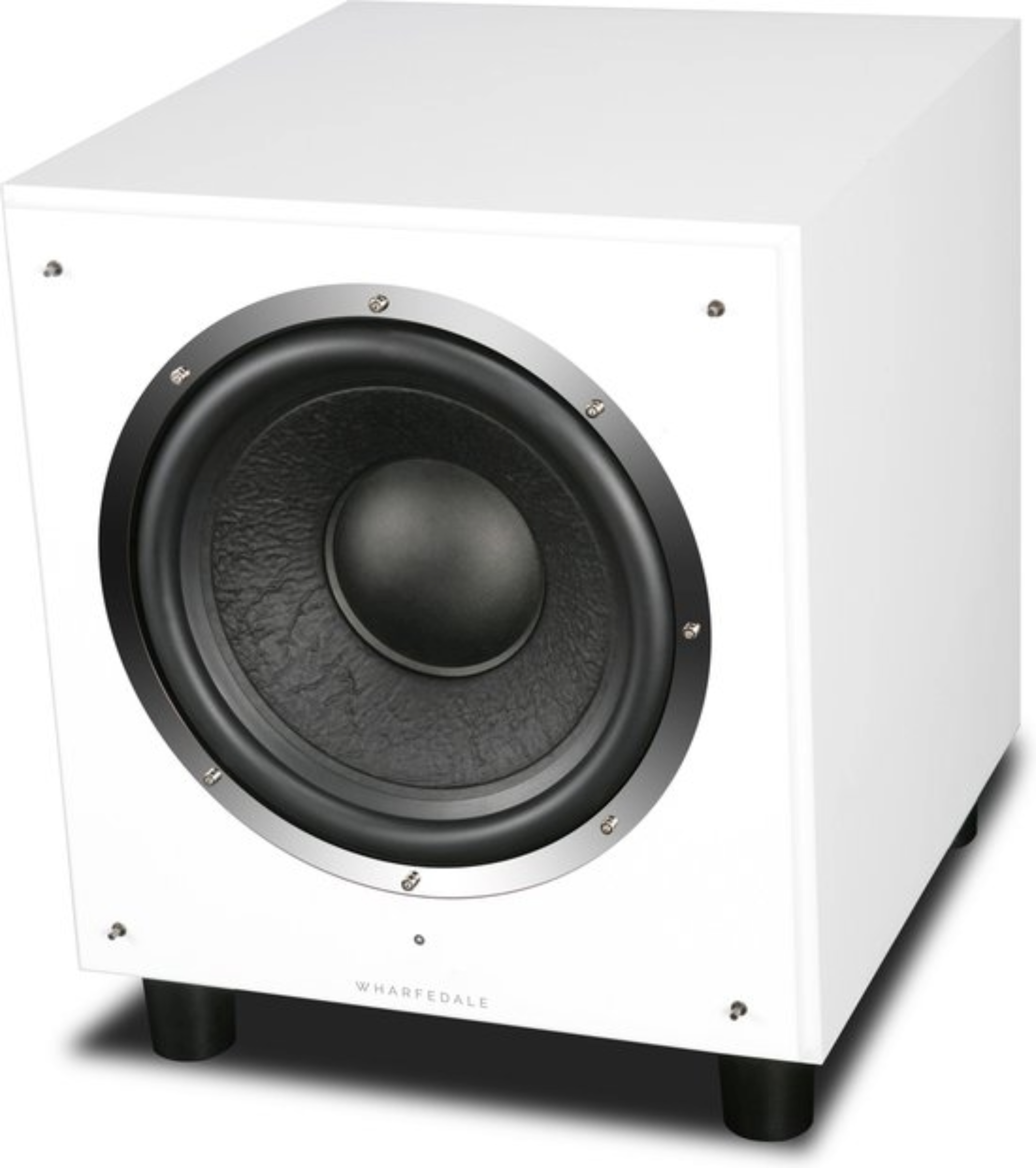 Subwoofer quadrato bianco con un grande cono nero e finiture argentate.