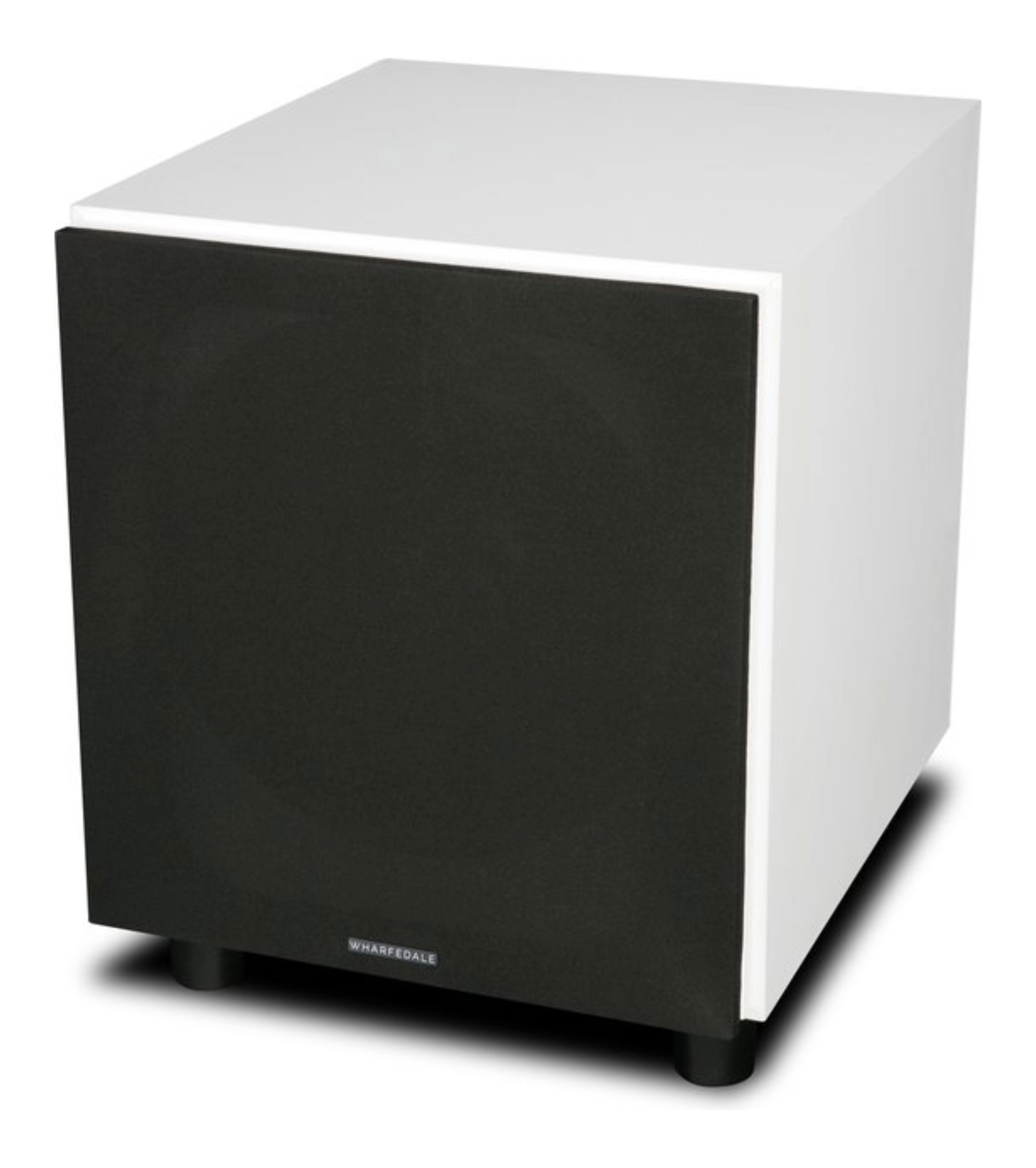 Un subwoofer bianco con copertura per altoparlanti nera. Ha piedini neri.