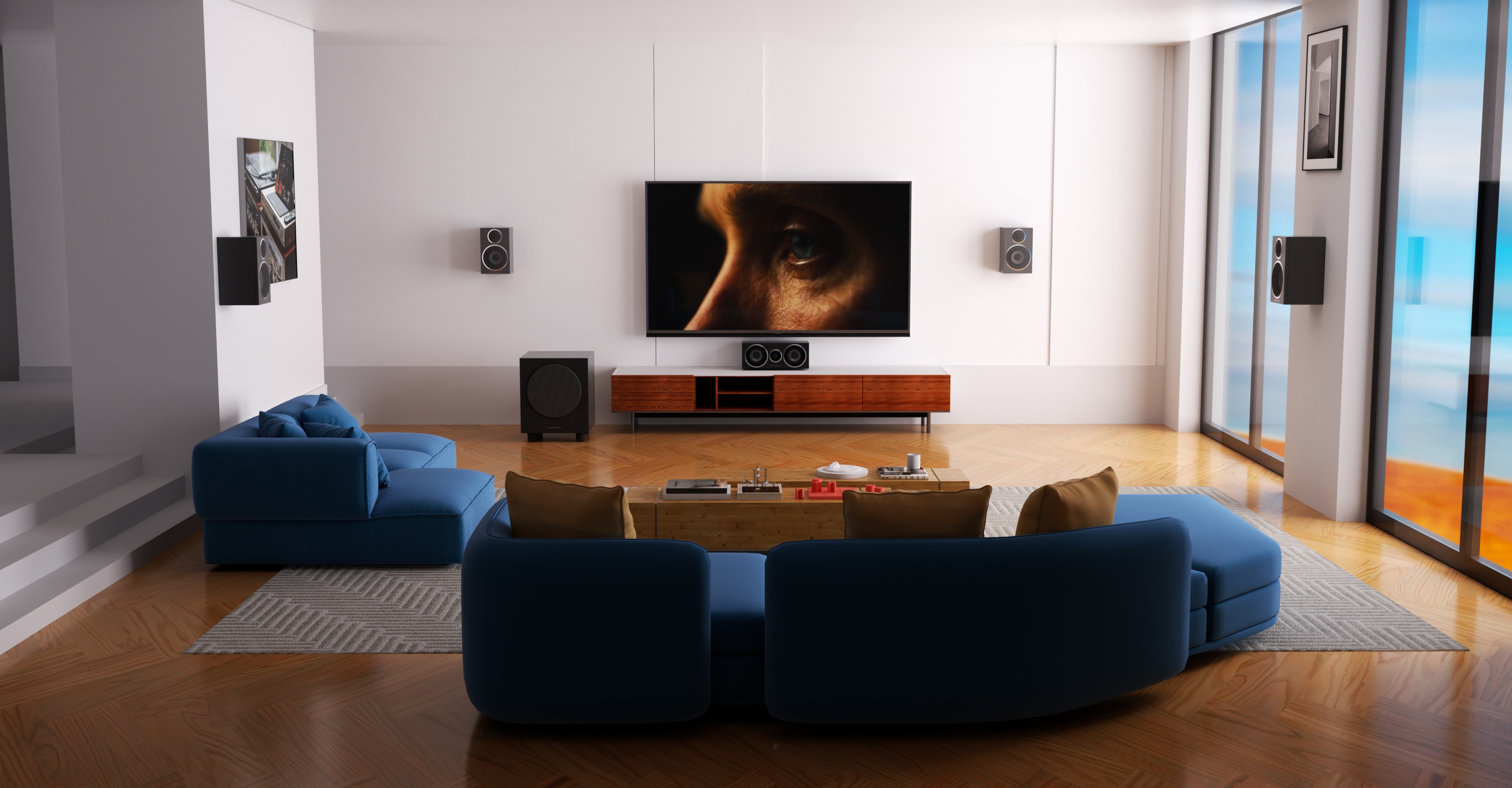 Een moderne woonkamer met een grote tv, blauwe bank en speakers. Houten vloer en een uitzicht naar buiten.