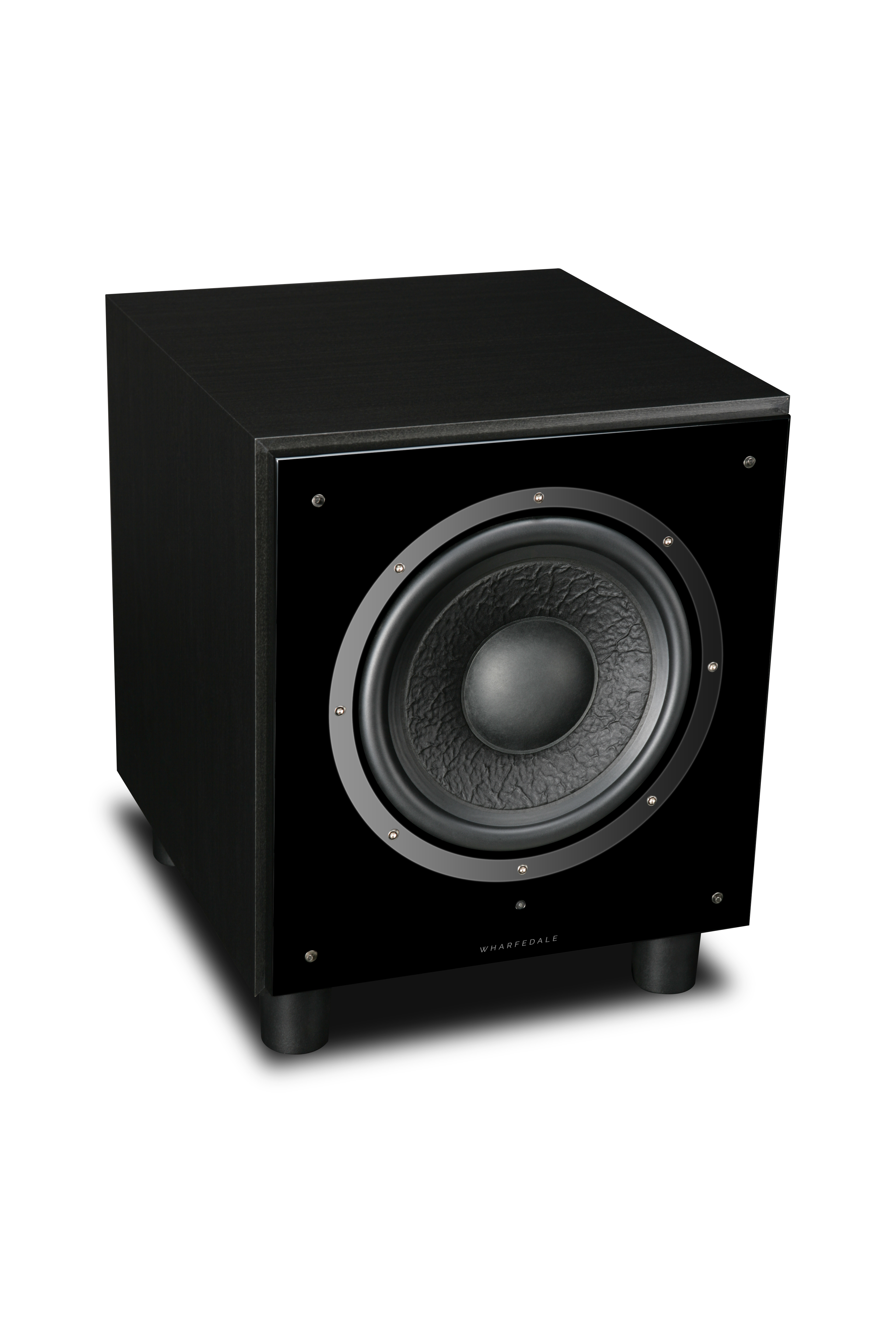 Caisson de basses noir, en forme de cube. Finition noire brillante. Haut-parleur circulaire.