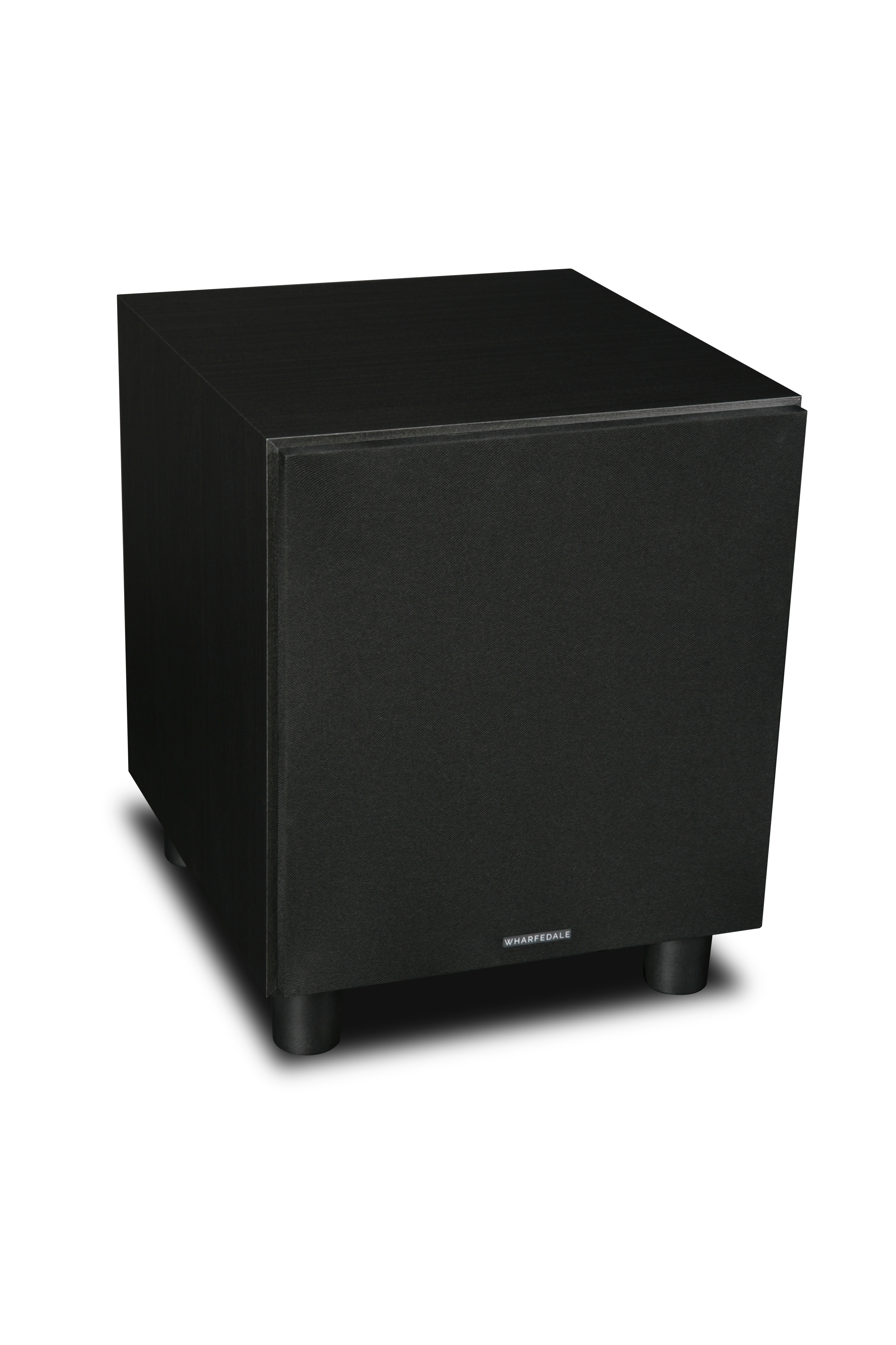 Enceinte noire avec deux haut-parleurs et un tweeter. Le mot 'Wharfedale' est visible.