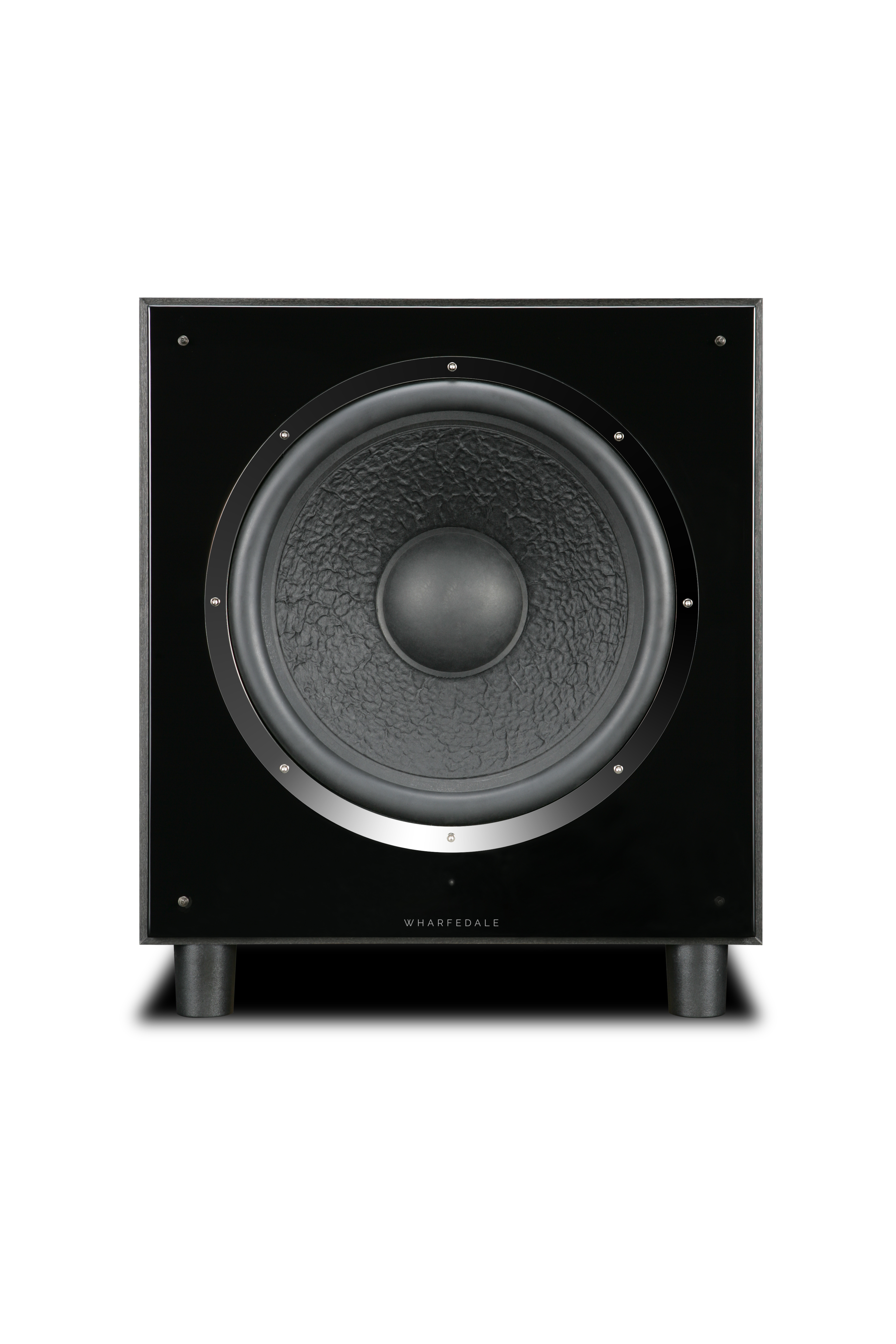Black Wharfedale subwoofer with a large central speaker. Black legs. White background.