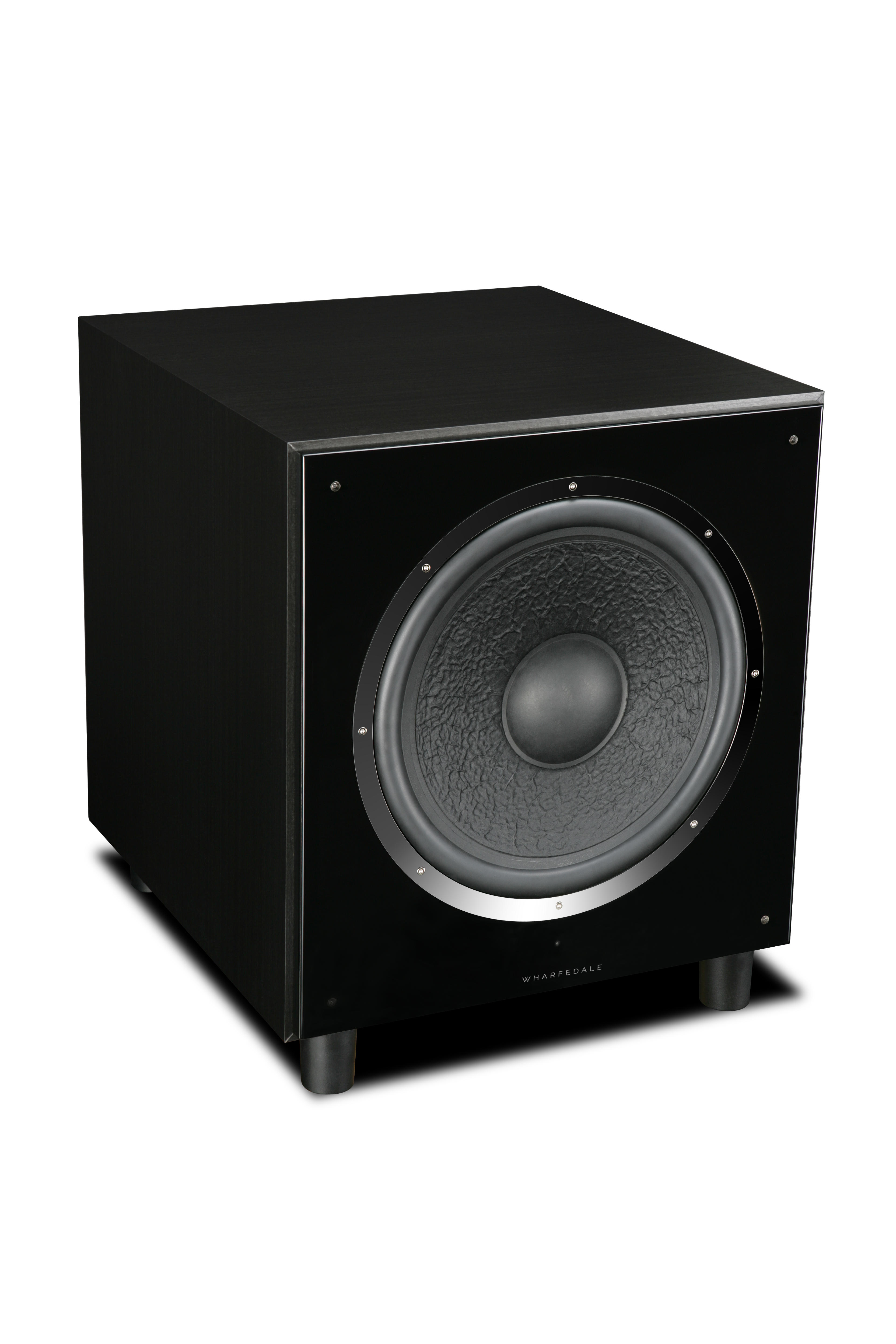 Black subwoofer. Cube-shaped with a circular speaker. Wharfedale logo visible. Glossy black finish.