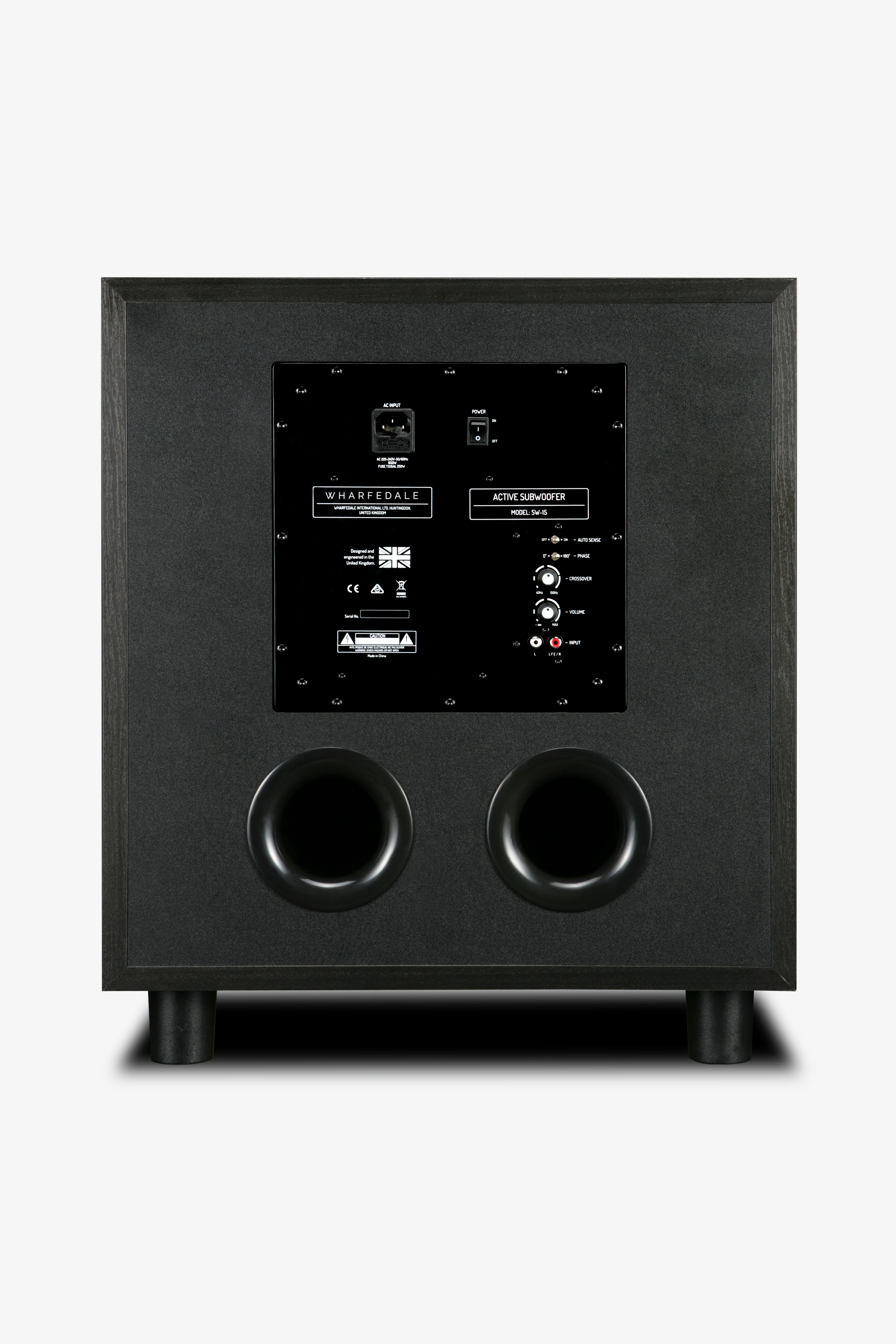 Black subwoofer back with connectors and controls. White background.