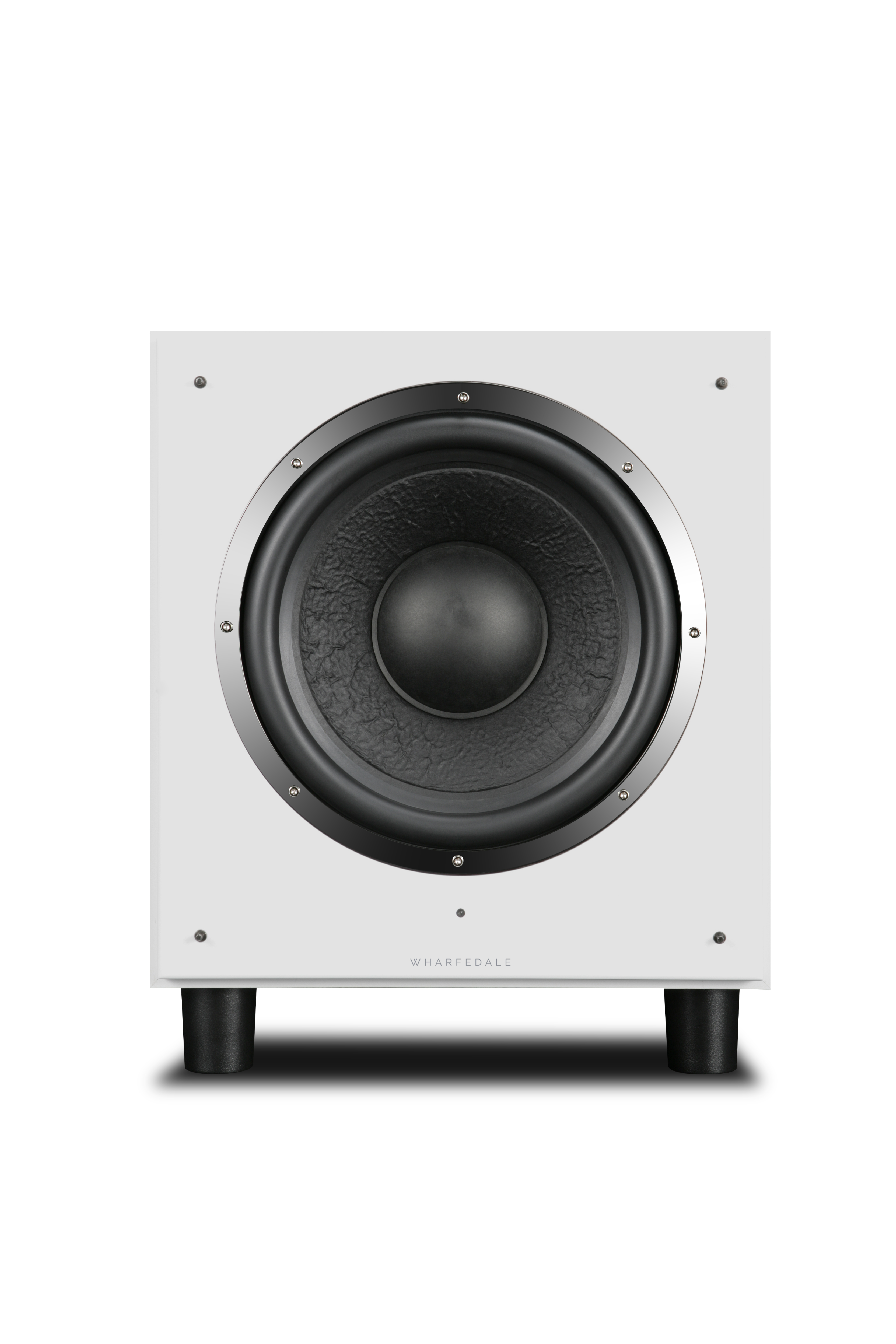 White subwoofer with a black speaker, and the Wharfedale logo on the front.