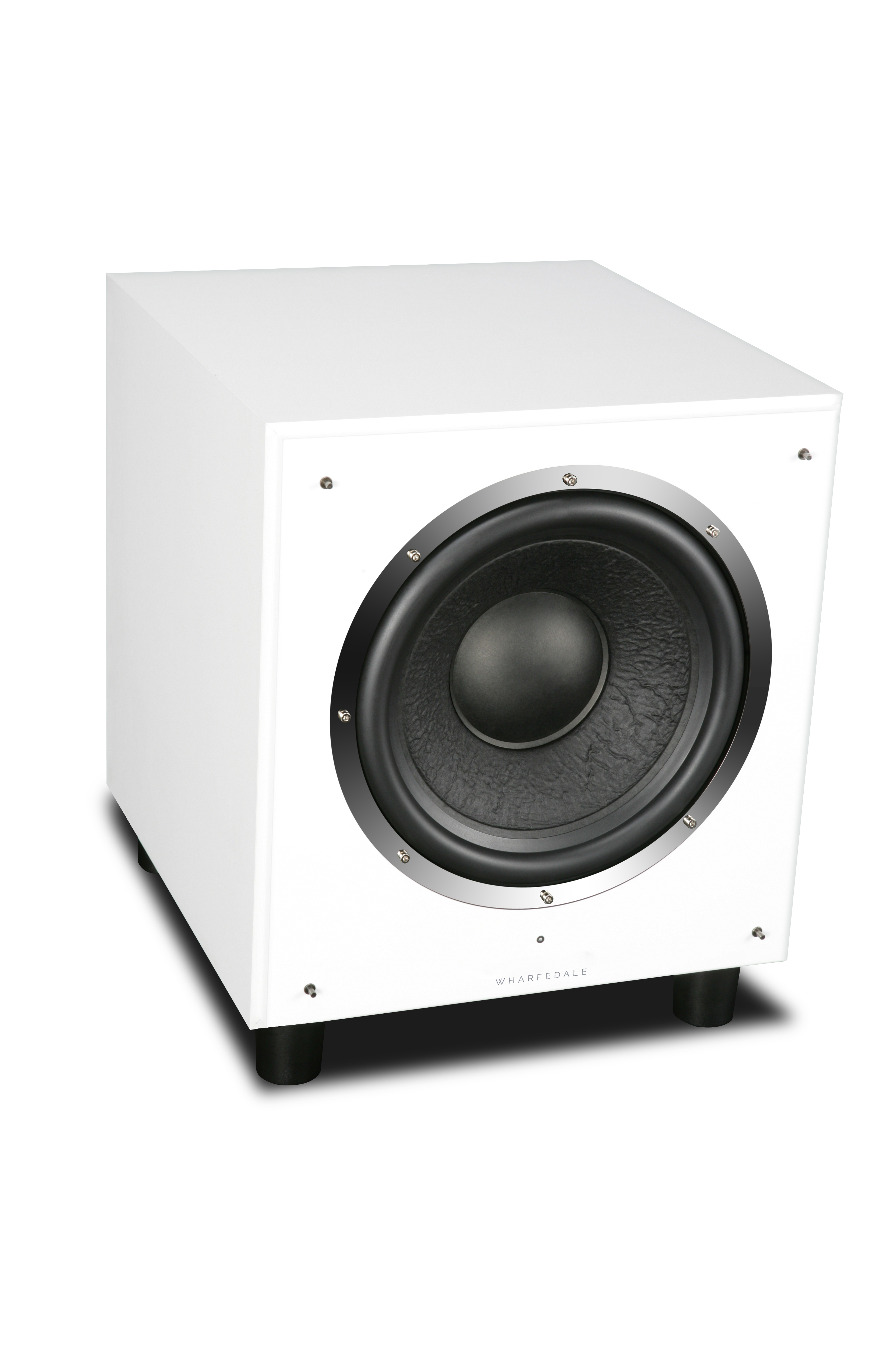 White square subwoofer, angled view, with black speaker cone and trim.