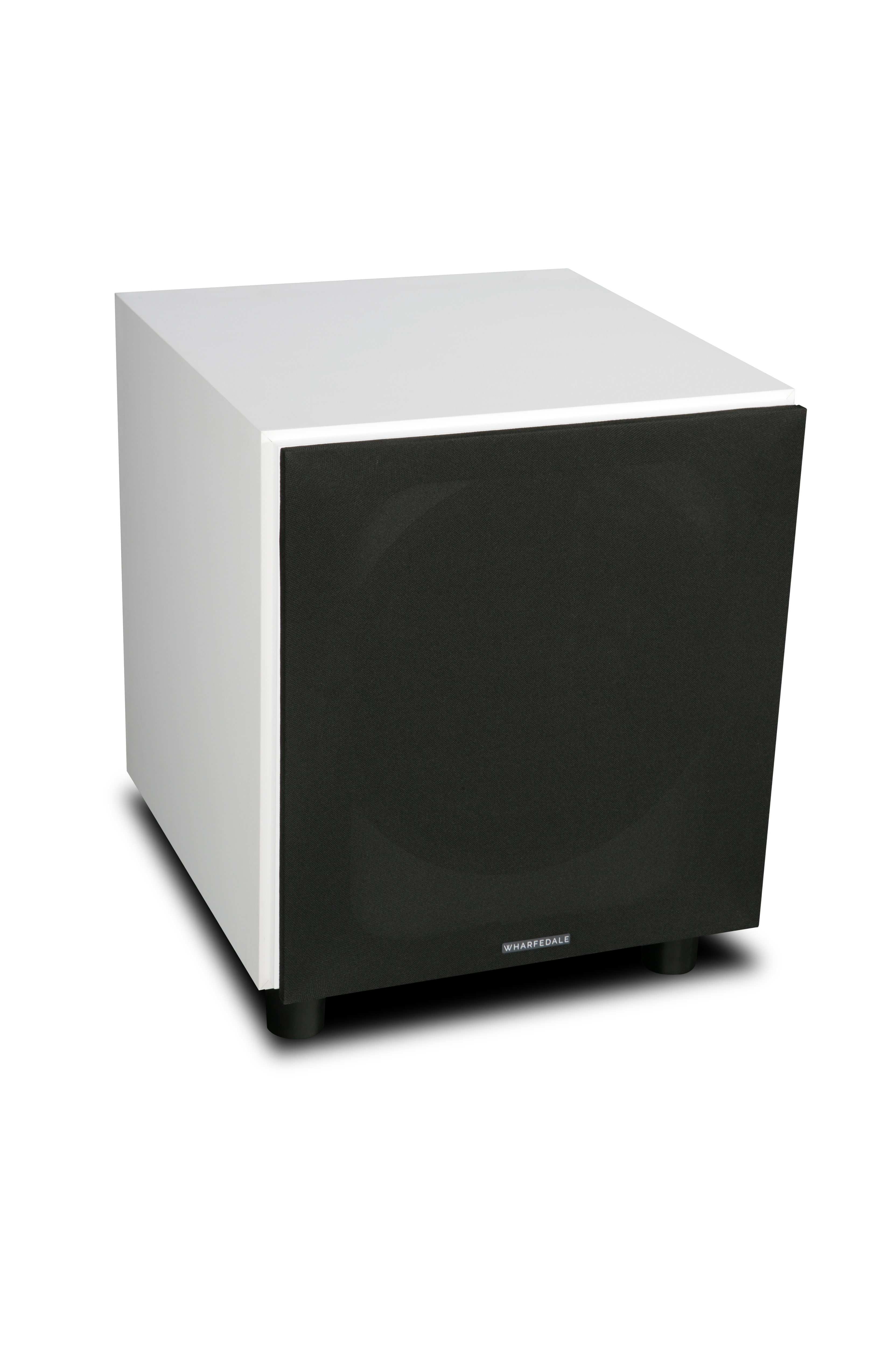 White subwoofer with a black speaker panel on the front. Black feet, white background.